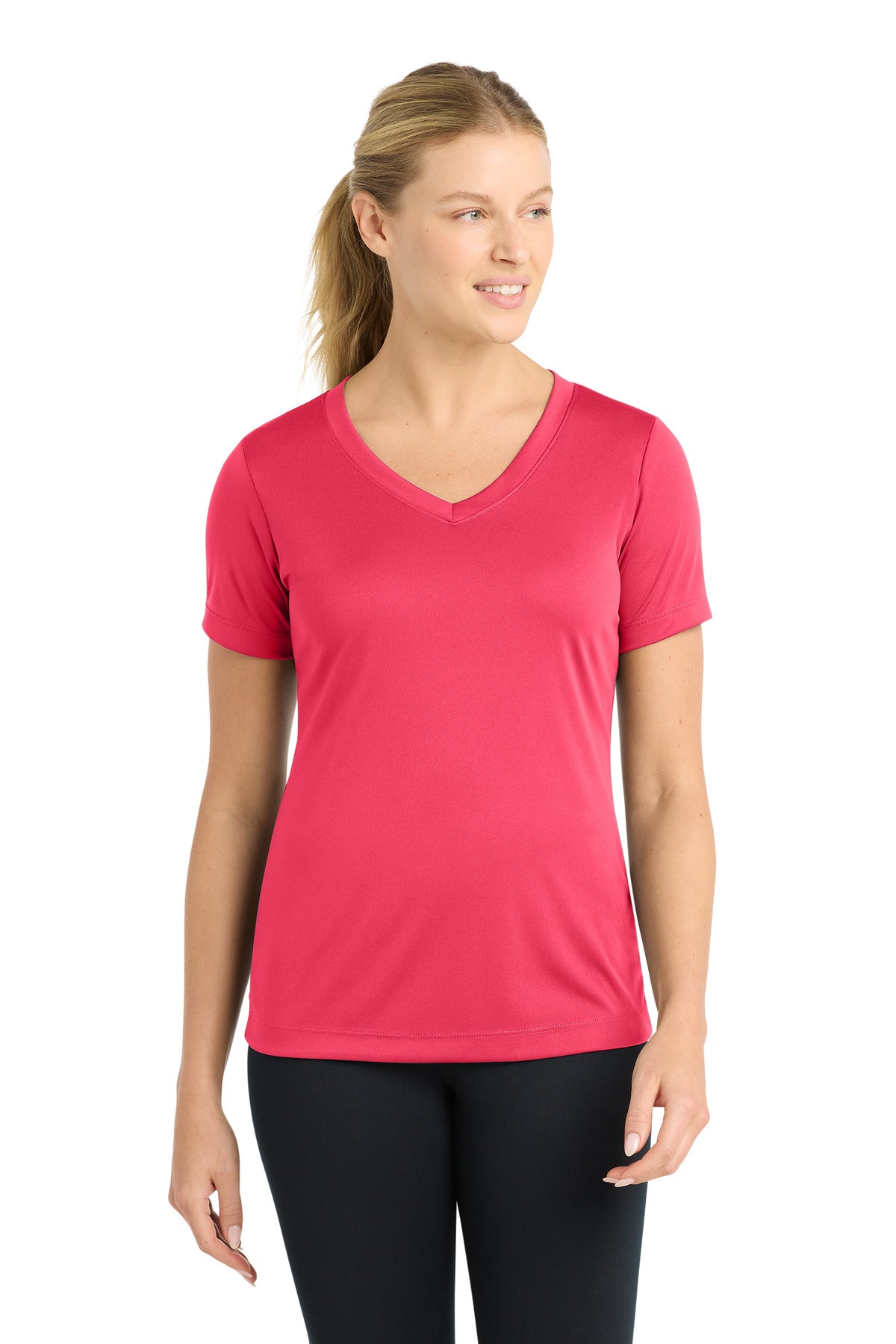 Custom logo Sport-Tek® Women's PosiCharge® Competitor™ V-Neck Tee. LST353 in Hot Coral