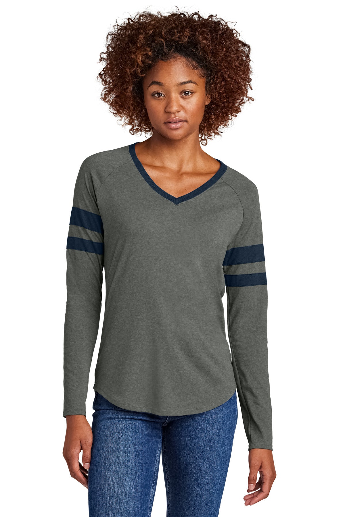 Custom logo Sport-Tek® Women's Halftime Stripe Long Sleeve V-Neck Tee LST6043 in True Navy/ Vintage Heather