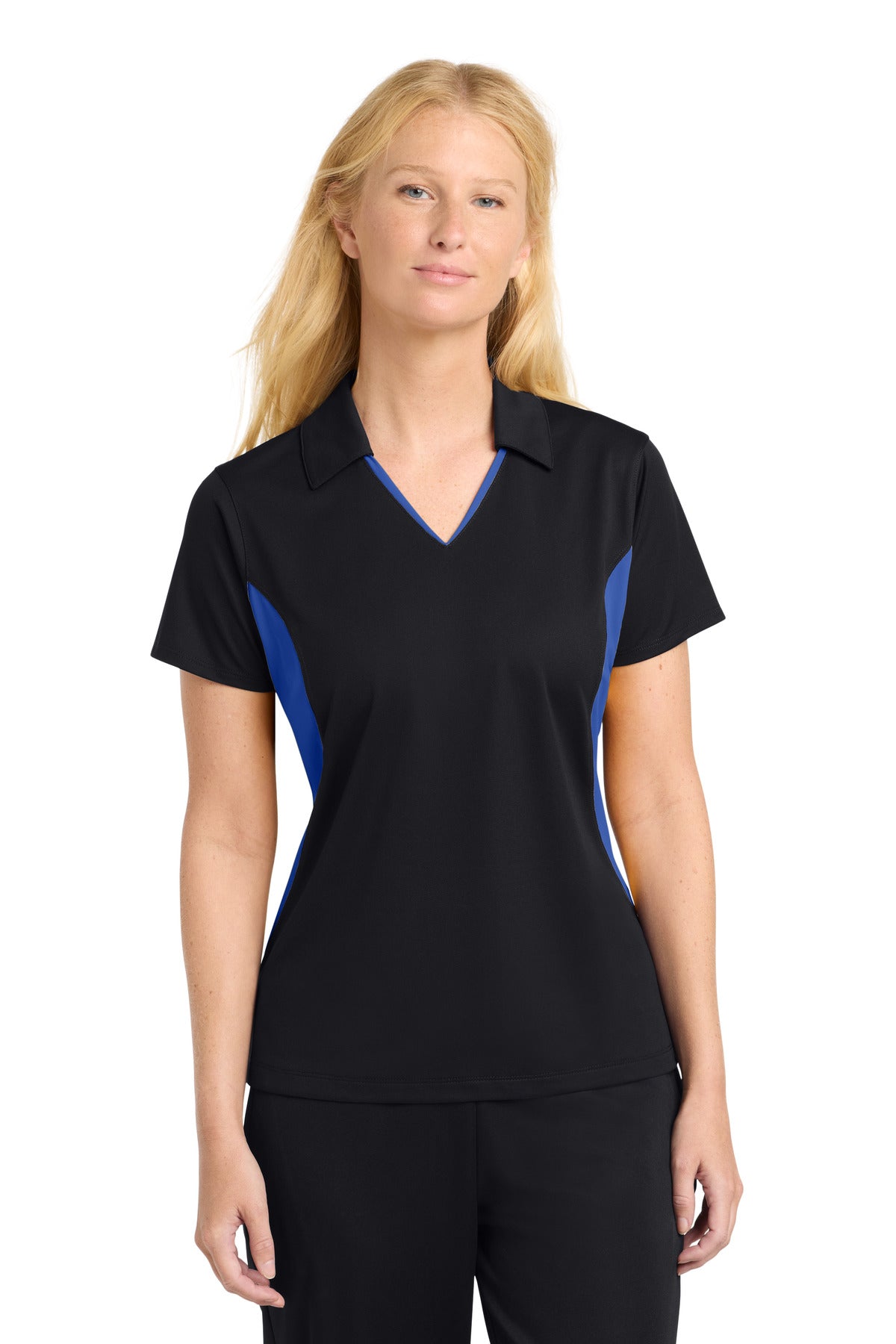 Custom logo Sport-Tek® Women's Side Blocked Micropique Sport-Wick® Polo. LST655 in Black/ True Royal