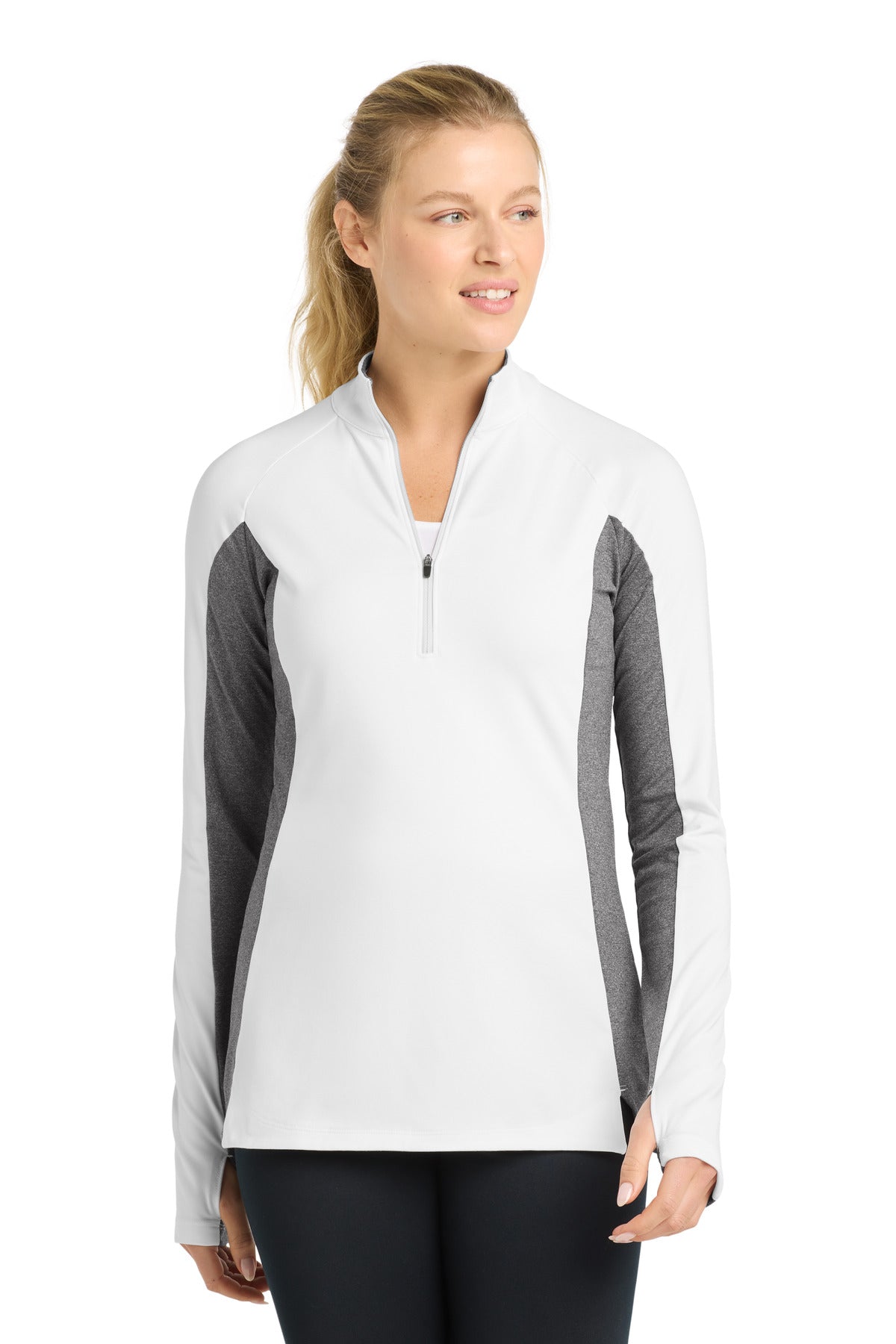 Custom logo Sport-Tek® Women's Sport-Wick® Stretch Contrast 1/4-Zip Pullover. LST854 in White/ Charcoal Grey Heather