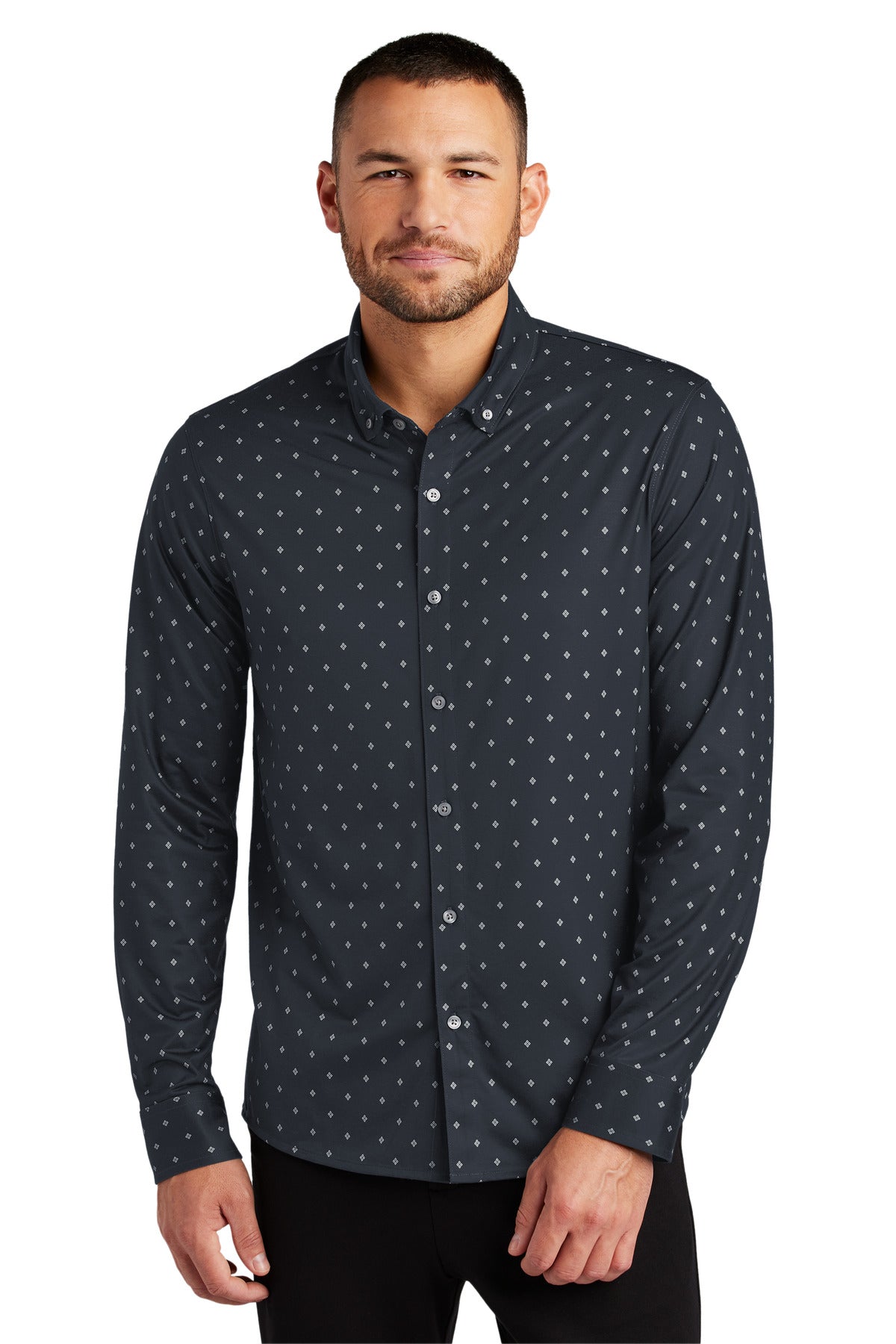 Custom logo Mercer+Mettle® Stretch Jersey Long Sleeve Shirt MM1018 in Navy Geo Diamond