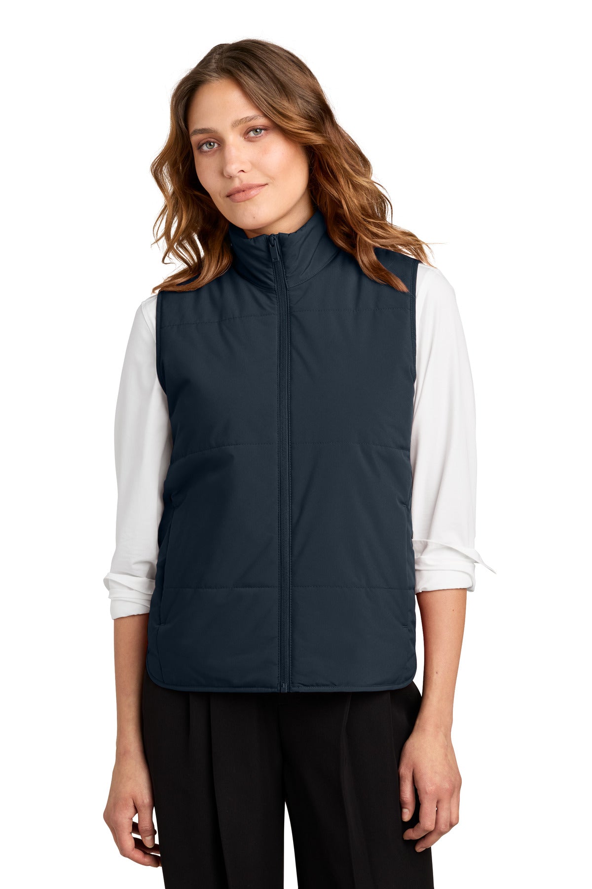 Custom logo Mercer+Mettle® Women's Brookline Quilted Vest MM7223 in Night Navy