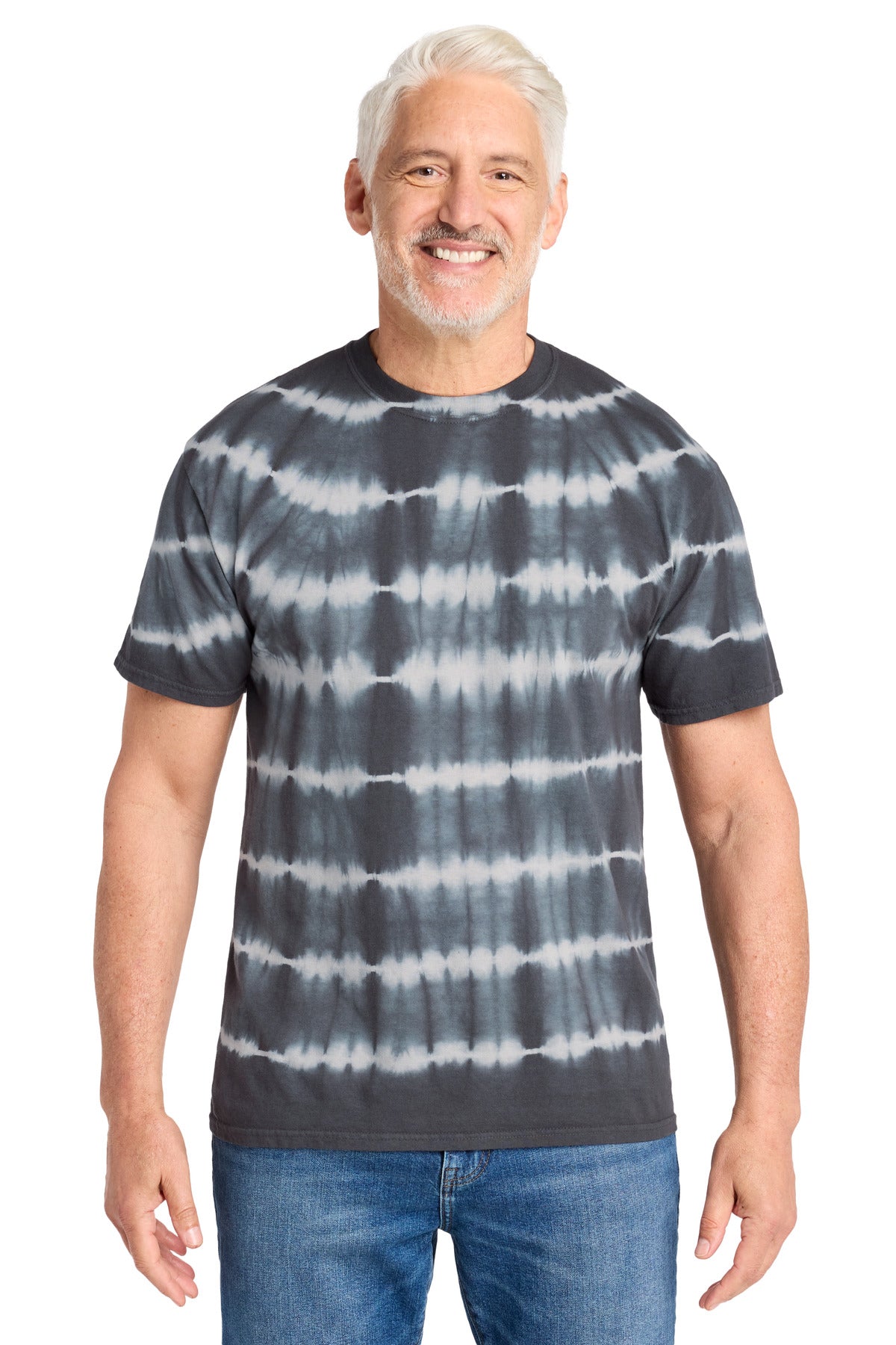 Custom logo Port & Co® Allover Stripe Tie-Dye Tee PC142 in Graphite/ Light Grey