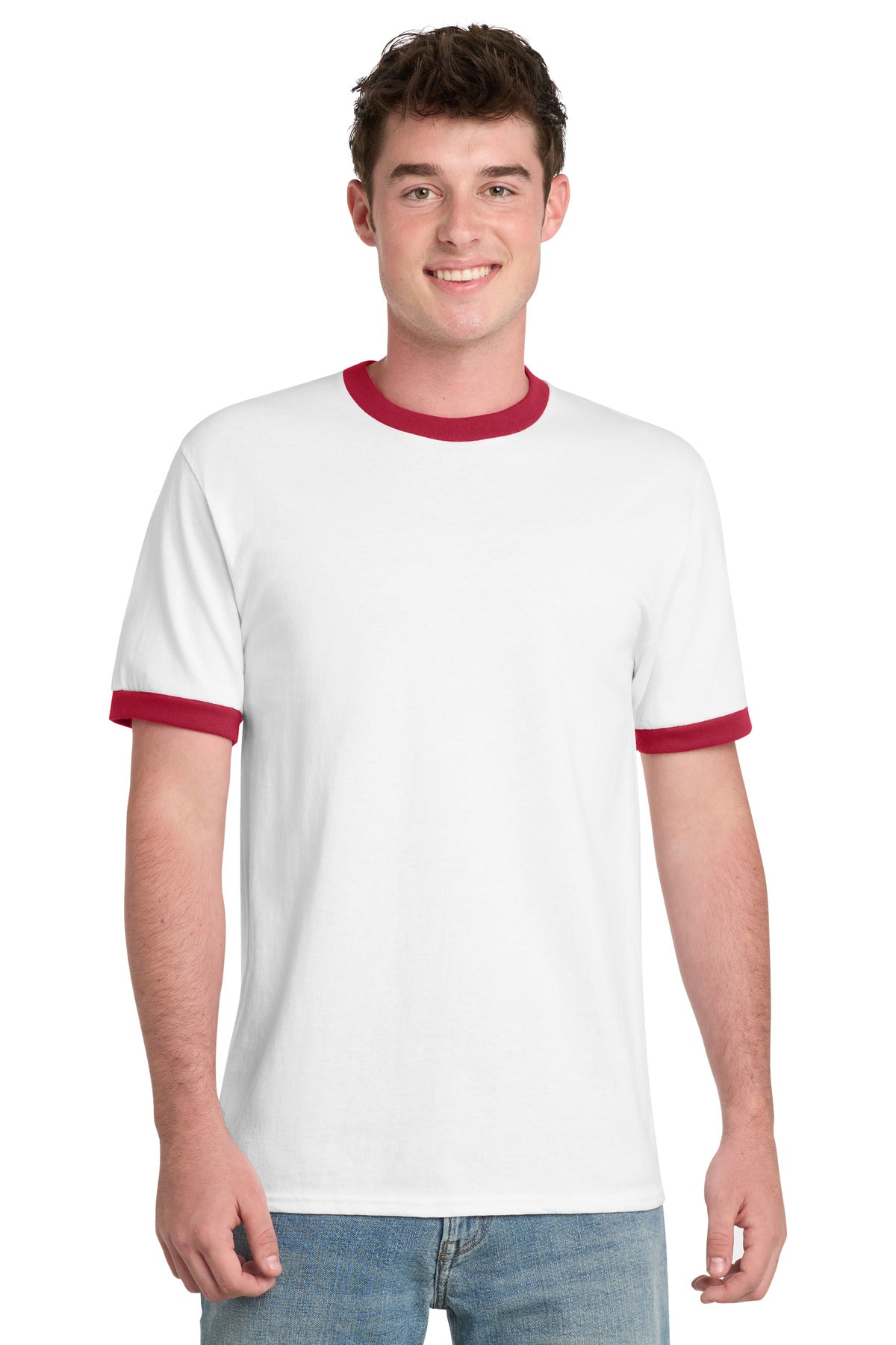 Custom logo Port & Co® Core Cotton Ringer Tee. PC54R in White/ Red