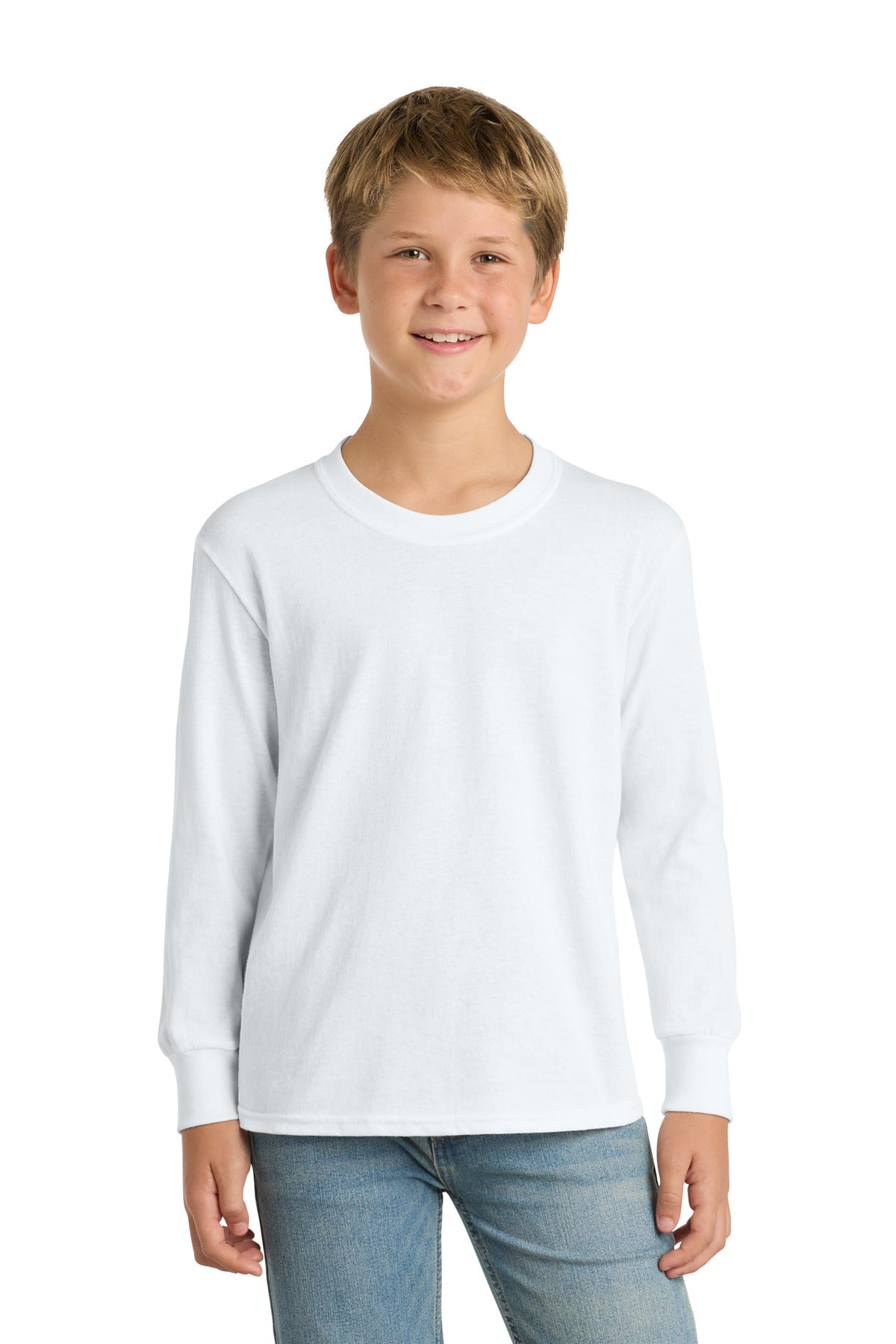 Custom logo Port & Co® Youth Long Sleeve Core Cotton Tee. PC54YLS in White