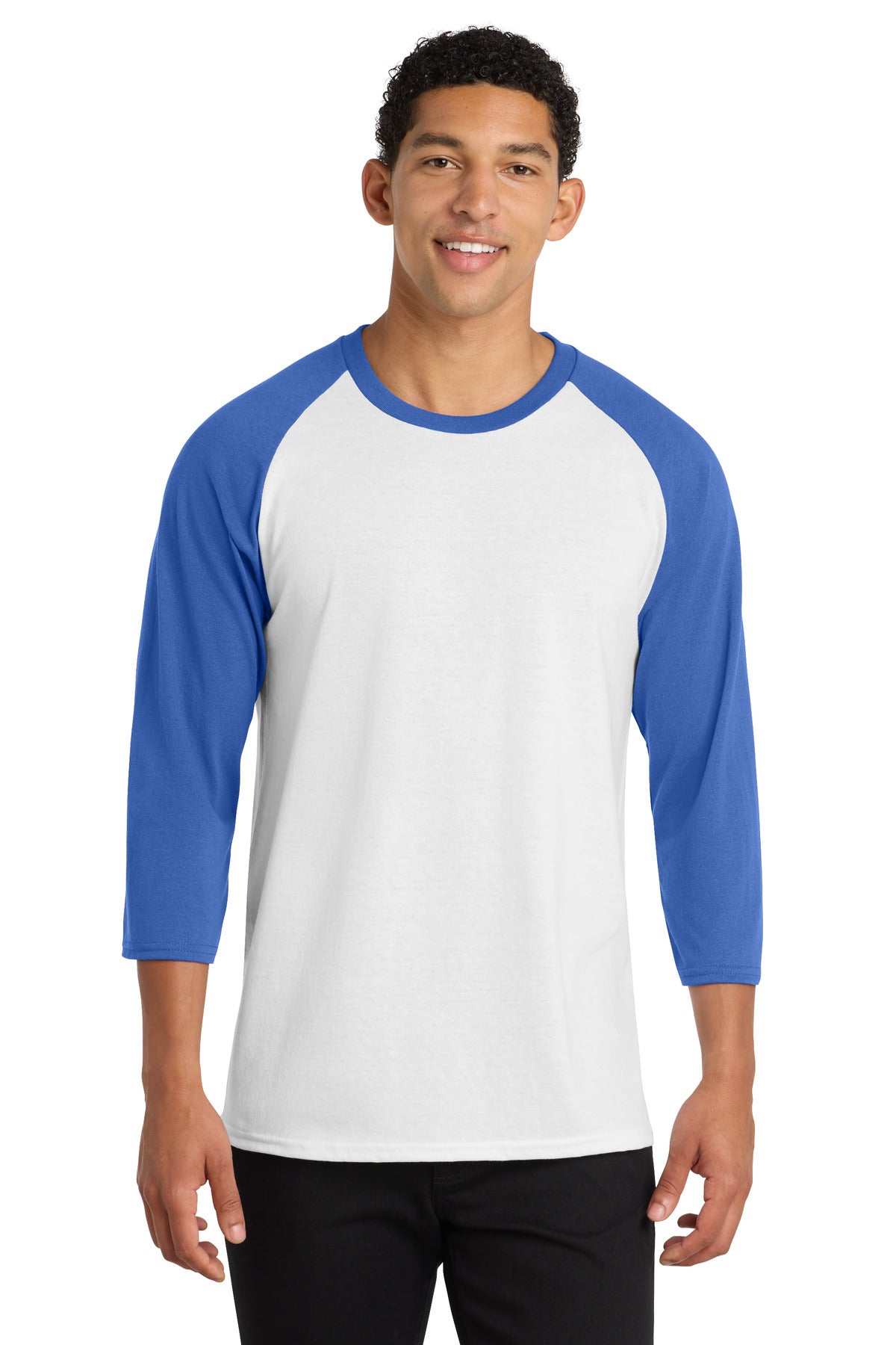 Custom logo Port & Co® Core Blend 3/4-Sleeve Raglan Tee. PC55RS in White/ Royal