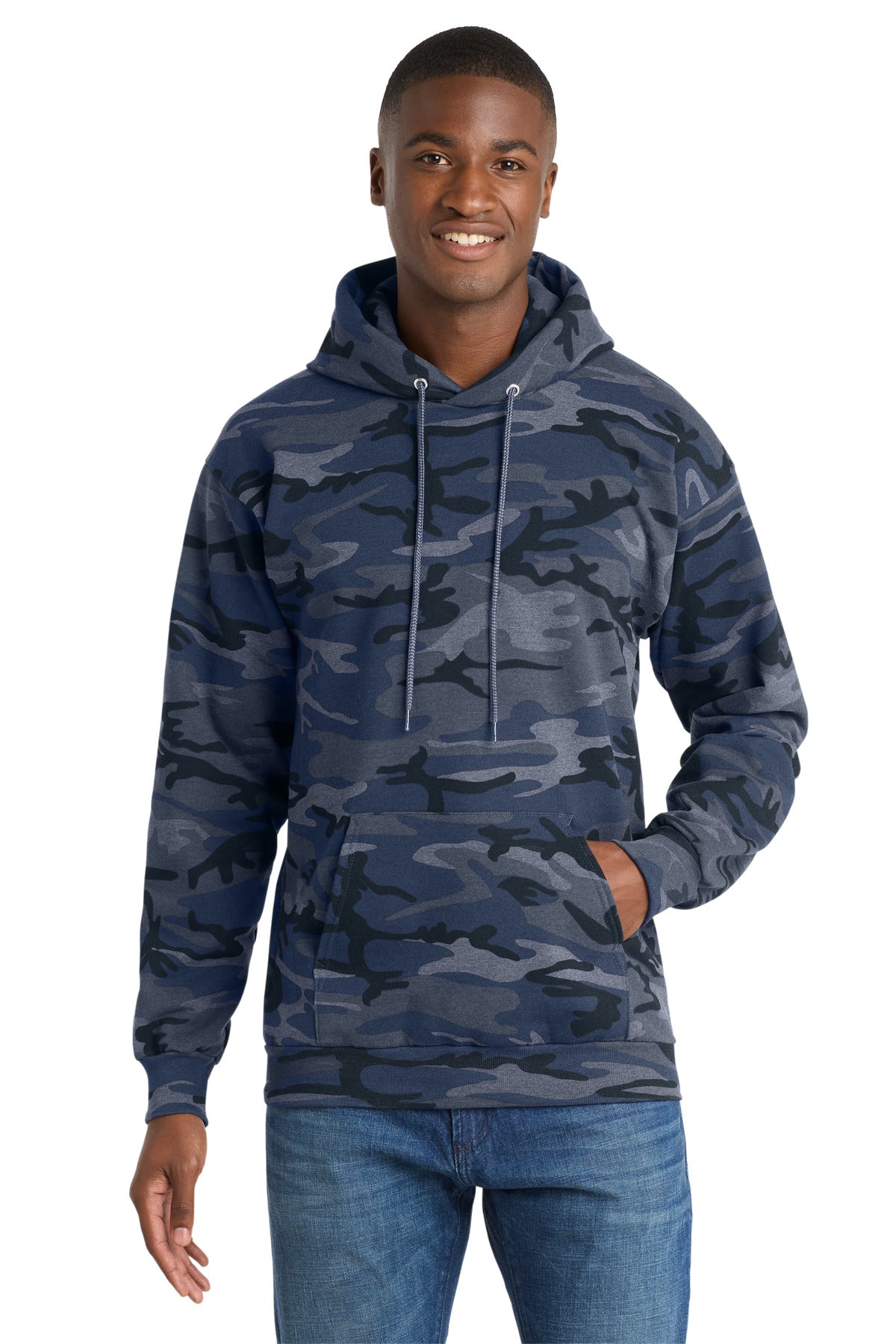 Custom logo Port & Co® Core Fleece Camo Pullover Hooded Sweatshirt. PC78HC in Heather Navy Camo