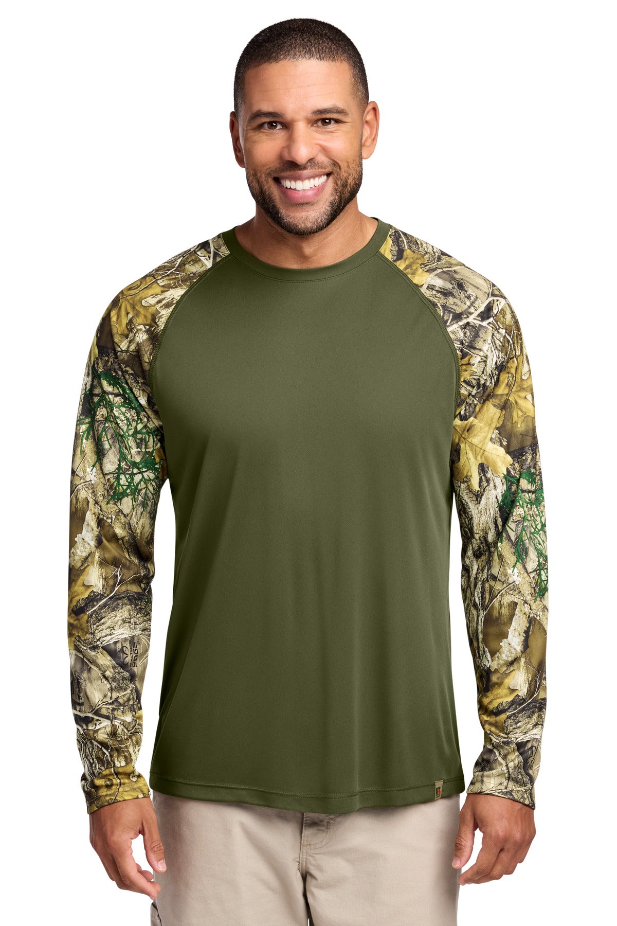 Custom logo Russell Outdoors™ Realtree® Colorblock Performance Long Sleeve Tee RU151LS in Olive Drab Green/ Realtree Edge