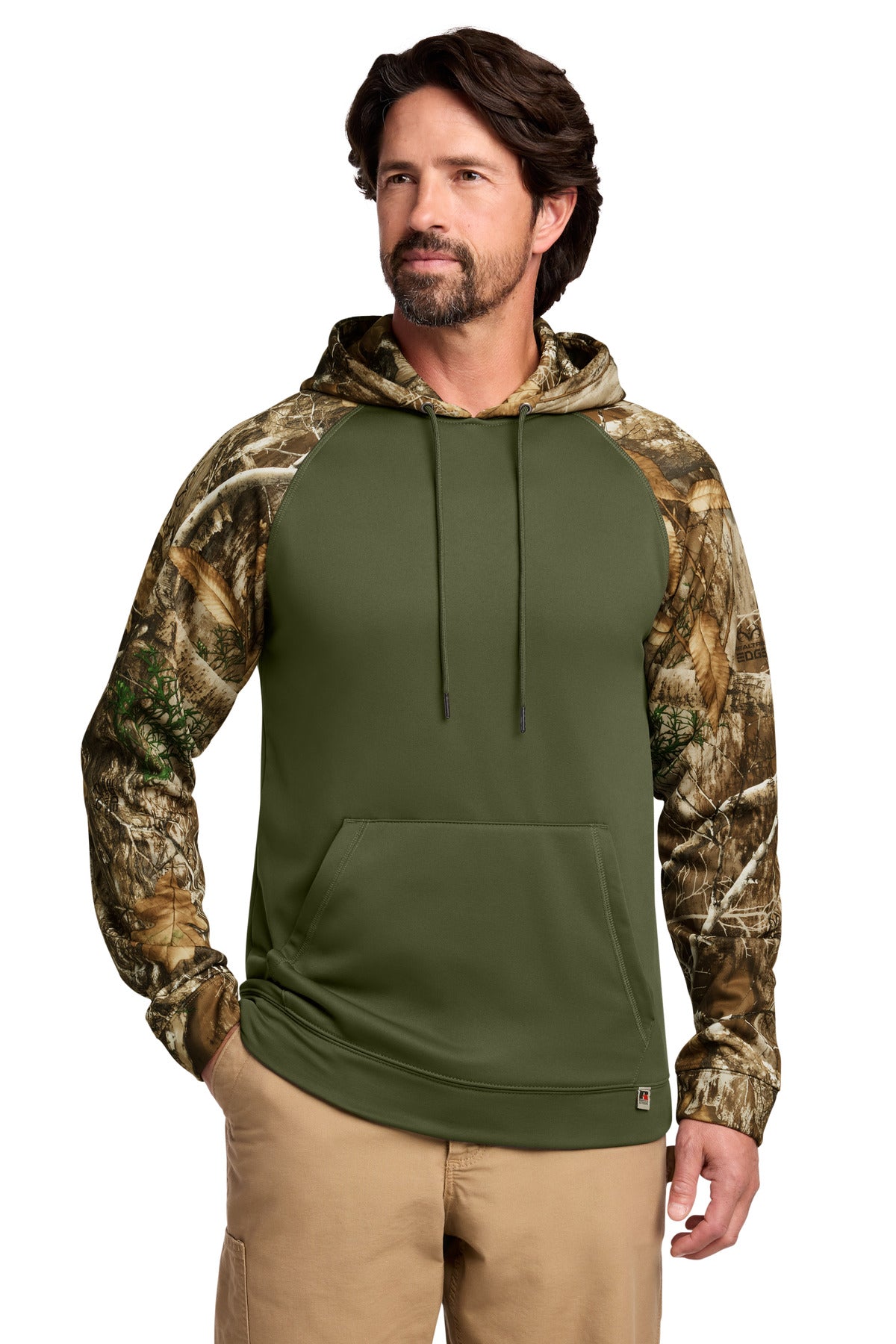 Custom logo Russell Outdoors™ Realtree® Performance Colorblock Pullover Hoodie RU451 in Olive Drab Green/ Realtree Edge