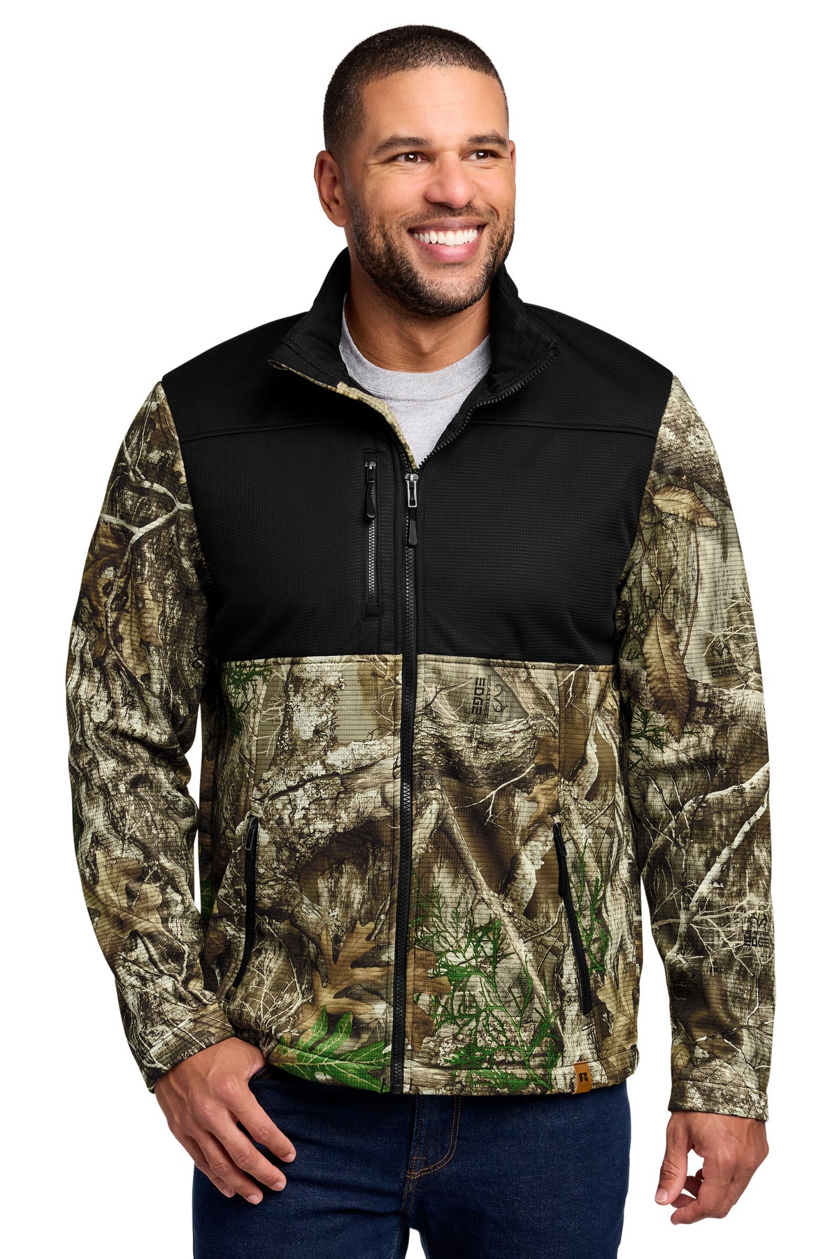 Custom logo Russell Outdoors™ Realtree® Atlas Colorblock Soft Shell RU601 in Deep Black/ Realtree Edge