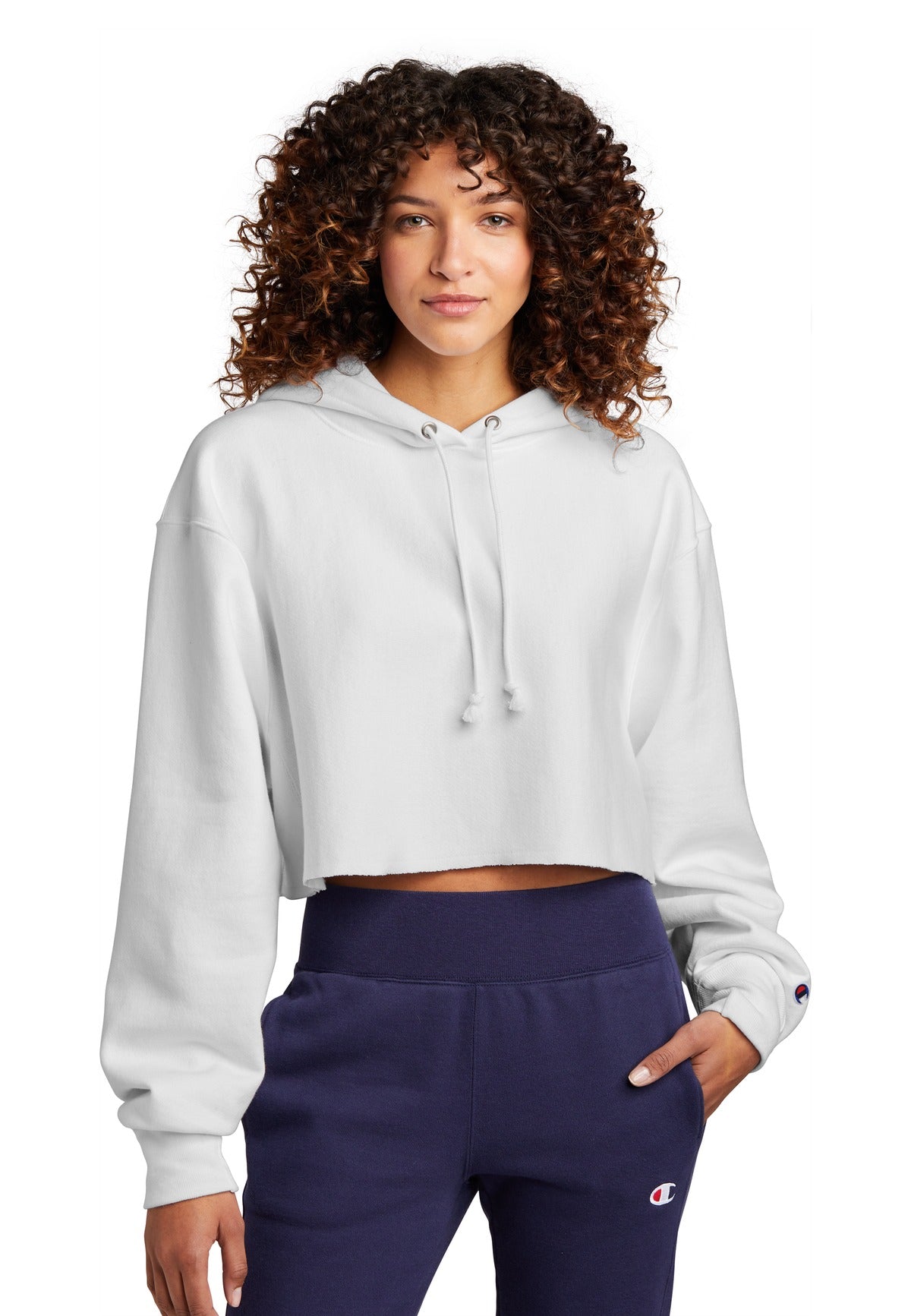 Custom logo Champion ® Women's Reverse Weave ® Cropped Cut-Off Hooded Sweatshirt RW01W in White