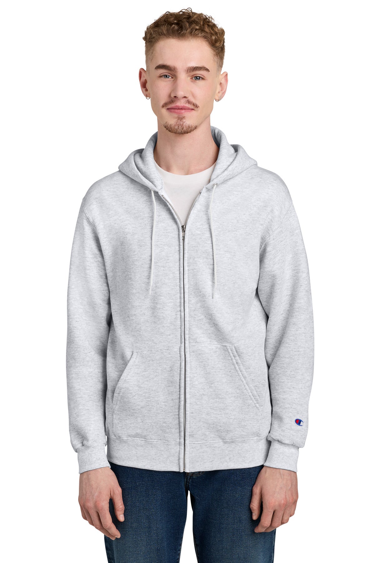 Custom logo Champion® Powerblend® Full-Zip Hoodie. S800 in Silver Grey