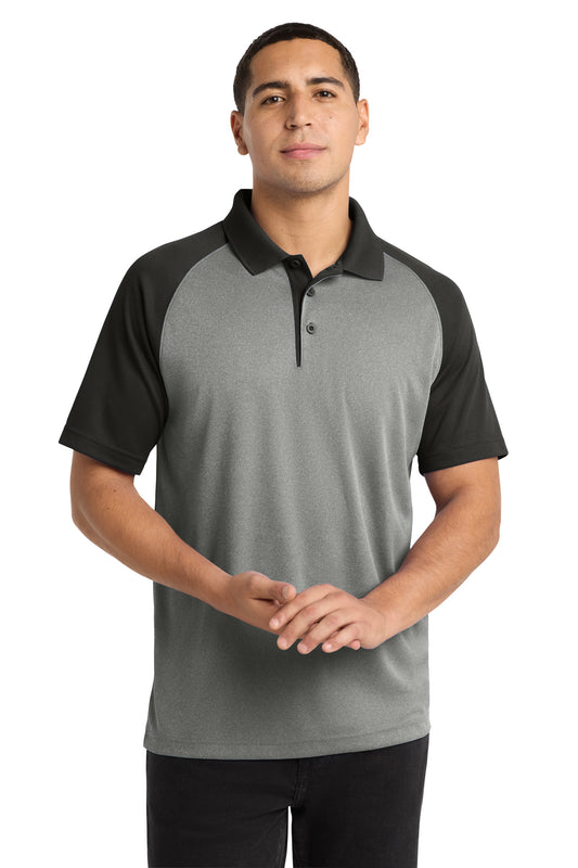 Custom logo Sport-Tek ® PosiCharge ® RacerMesh ® Raglan Heather Block Polo. ST641 in Grey Heather/ Black