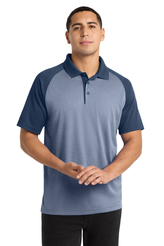 Custom logo Sport-Tek ® PosiCharge ® RacerMesh ® Raglan Heather Block Polo. ST641 in True Navy Heather/ True Navy