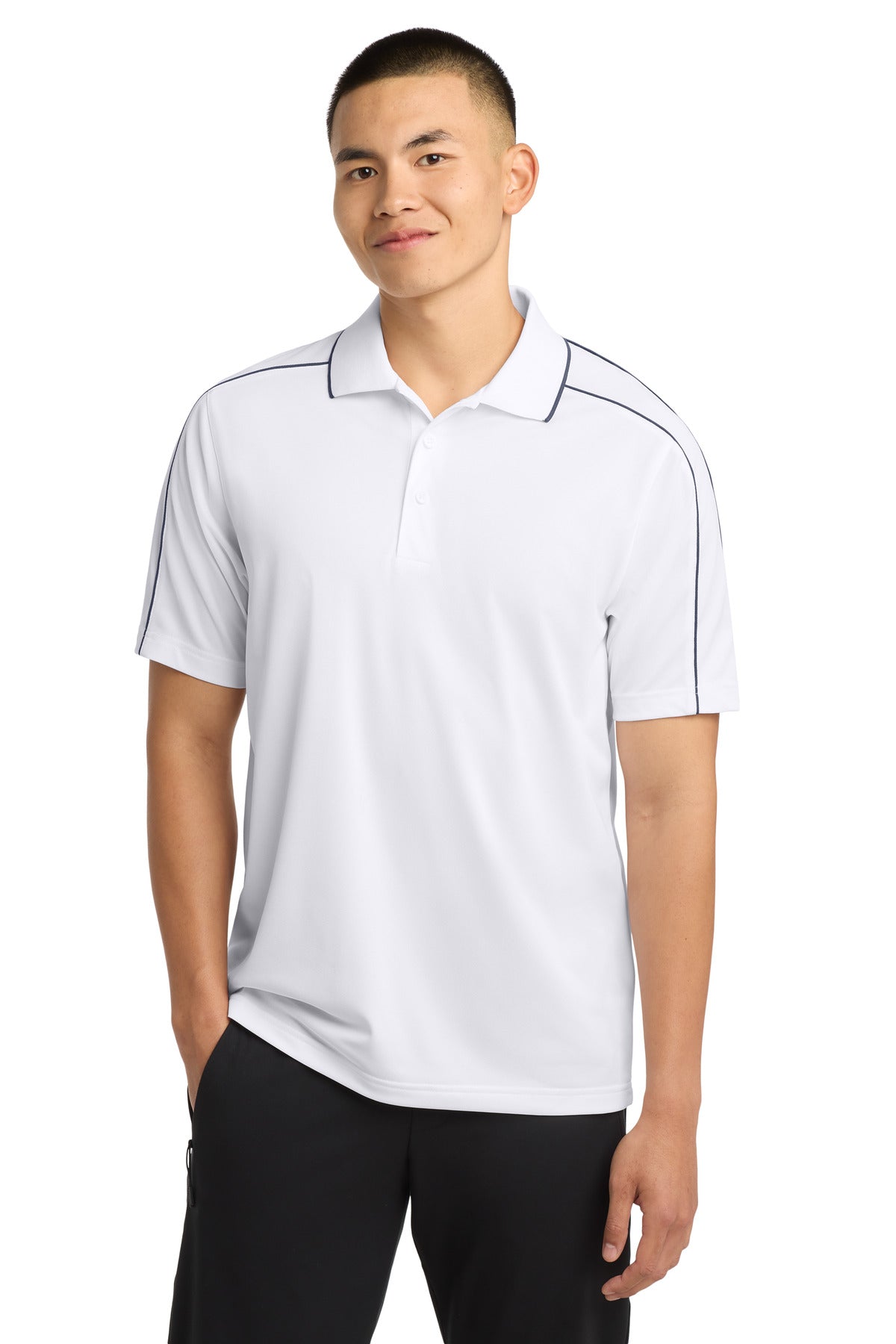 Custom logo Sport-Tek® Micropique Sport-Wick® Piped Polo. ST653 in White/ Iron Grey