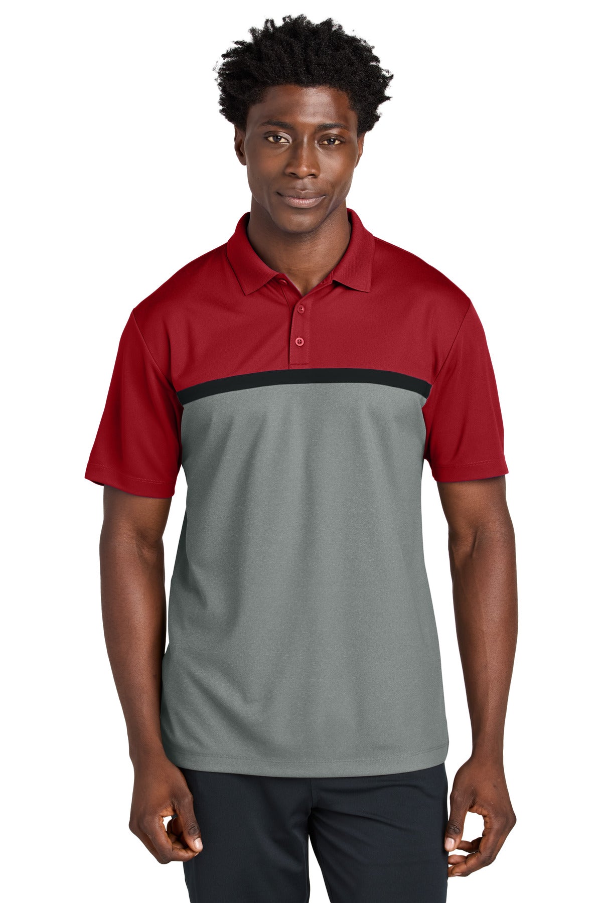 Custom logo Sport-Tek® UV Micropique Colorblock Polo ST741 in Deep Red/ Grey Concrete Heather/ Black