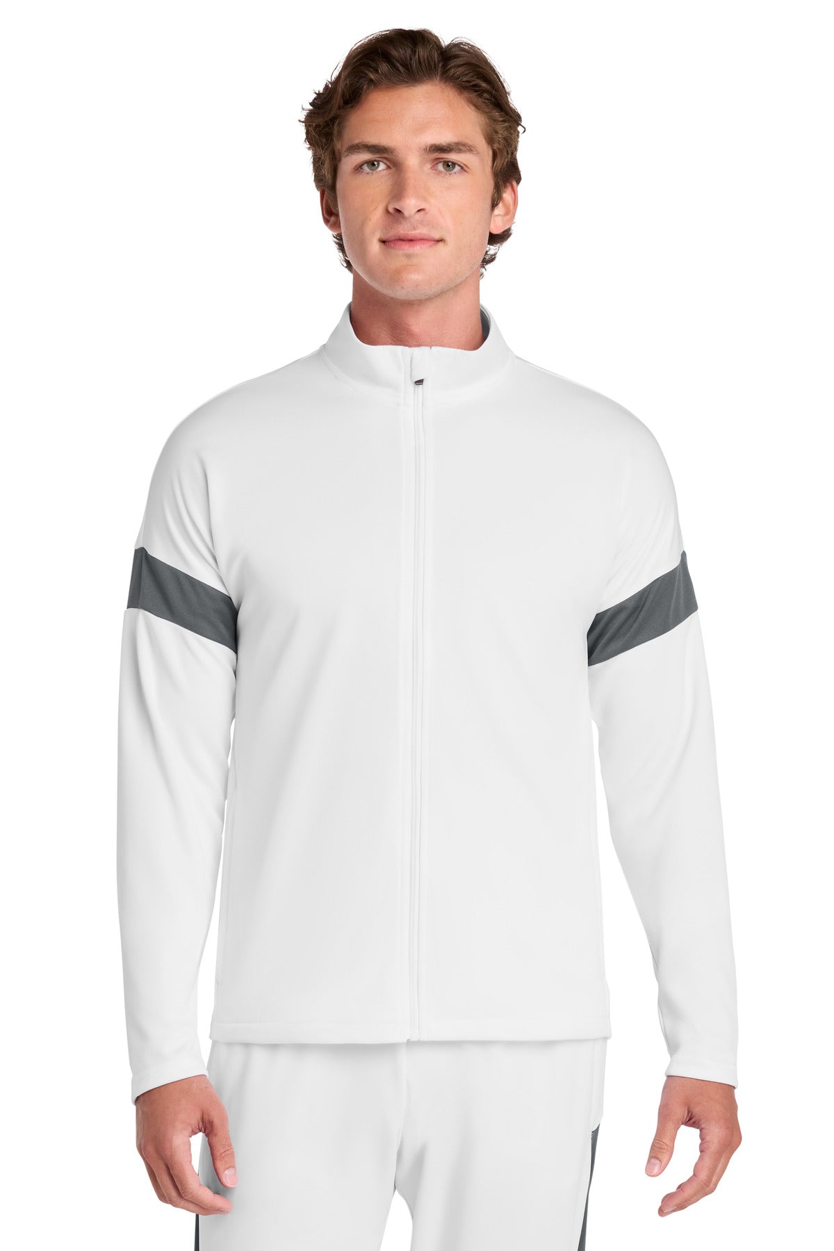 Custom logo Sport-Tek® Travel Full-Zip Jacket ST800 in White/ Iron Grey