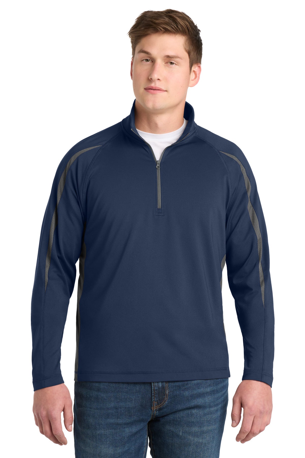 Custom logo Sport-Tek® Sport-Wick® Stretch 1/4-Zip Colorblock Pullover. ST851 in True Navy/ Charcoal Grey