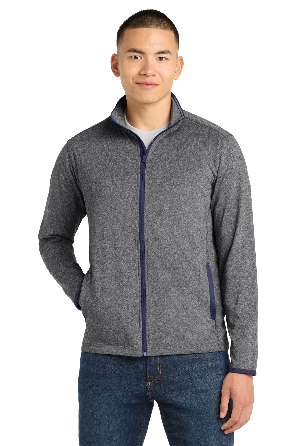 Custom logo Sport-Tek® Sport-Wick® Stretch Contrast Full-Zip Jacket. ST853 in Charcoal Grey Heather/ True Navy