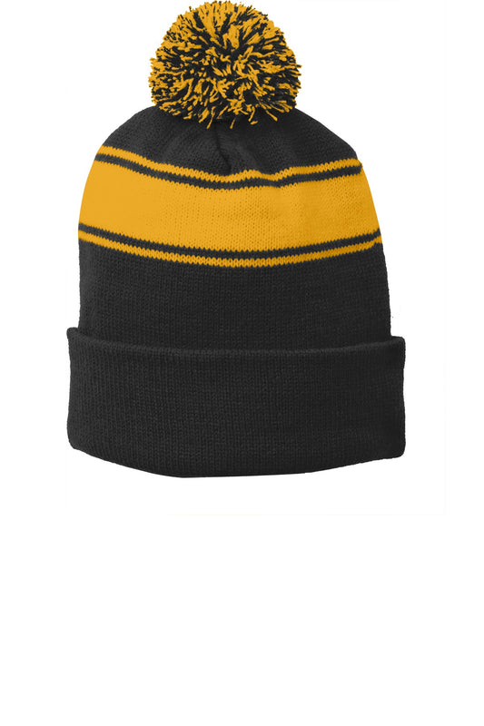 Custom logo Sport-Tek® Stripe Pom Pom Beanie. STC28 in Black/ Gold