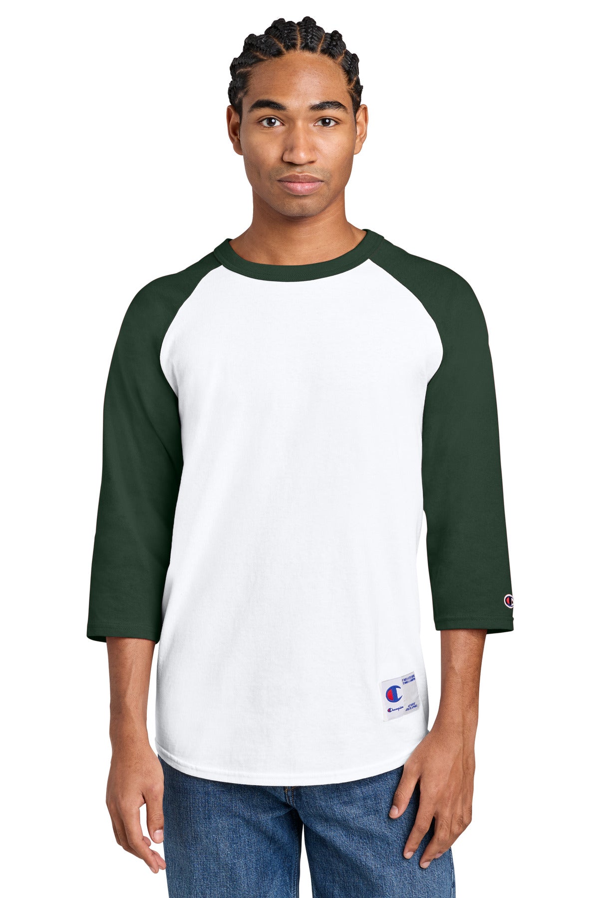 Custom logo Champion® Raglan Baseball Tee T137 in White/ Dark Green