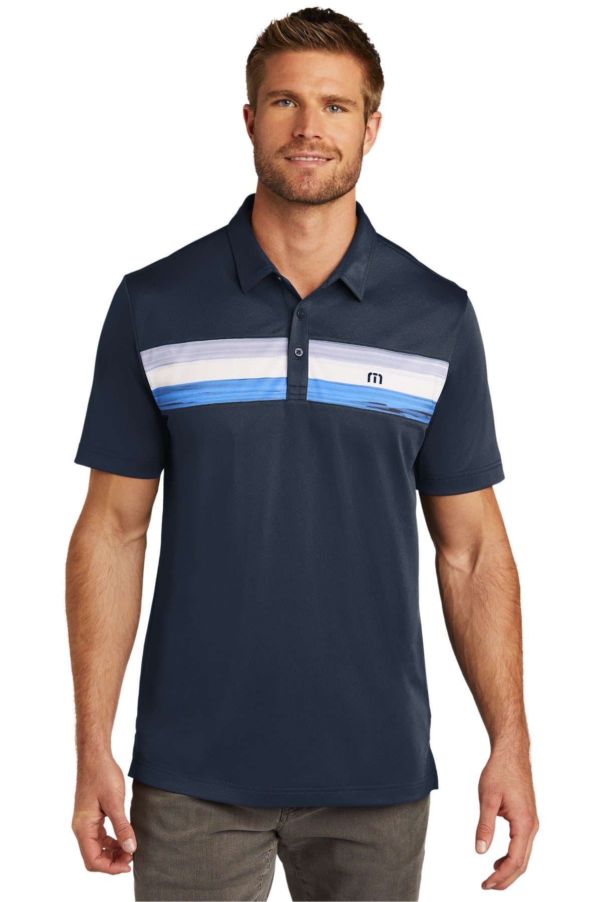 Custom logo TravisMathew Cabana Chest Stripe Polo. TM1MU416 in Blue Nights