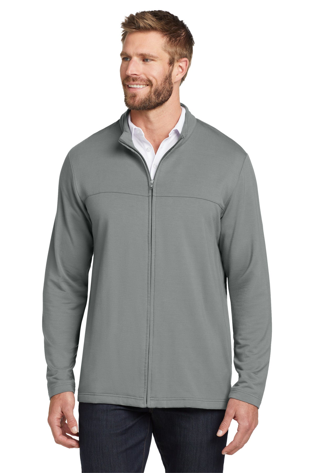 Custom logo TravisMathew Newport Full-Zip Fleece. TM1MU420 in Quiet Shade Grey