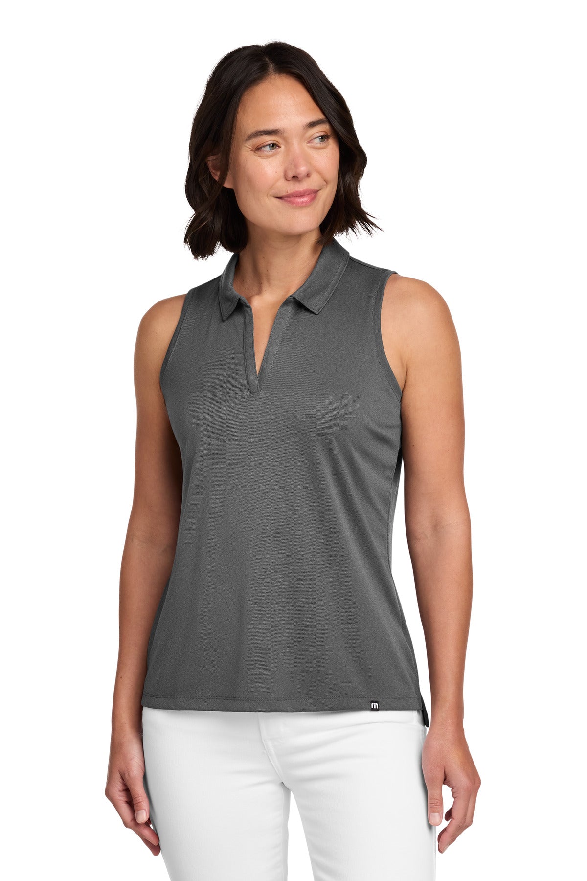 Custom logo TravisMathew Women's Coto Performance Sleeveless Polo TM1WX001 in Quiet Shade Grey/ Black