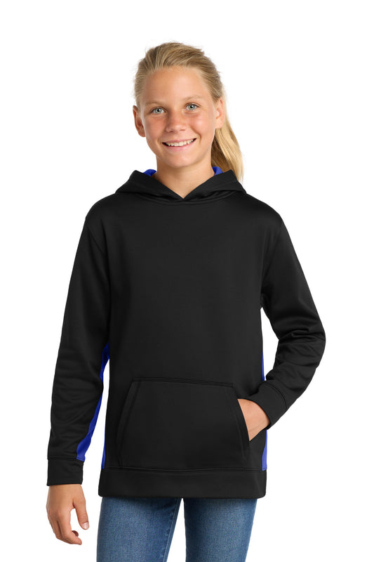 Custom logo Sport-Tek® Youth Sport-Wick® Fleece Colorblock Hooded Pullover. YST235 in Black/ True Royal