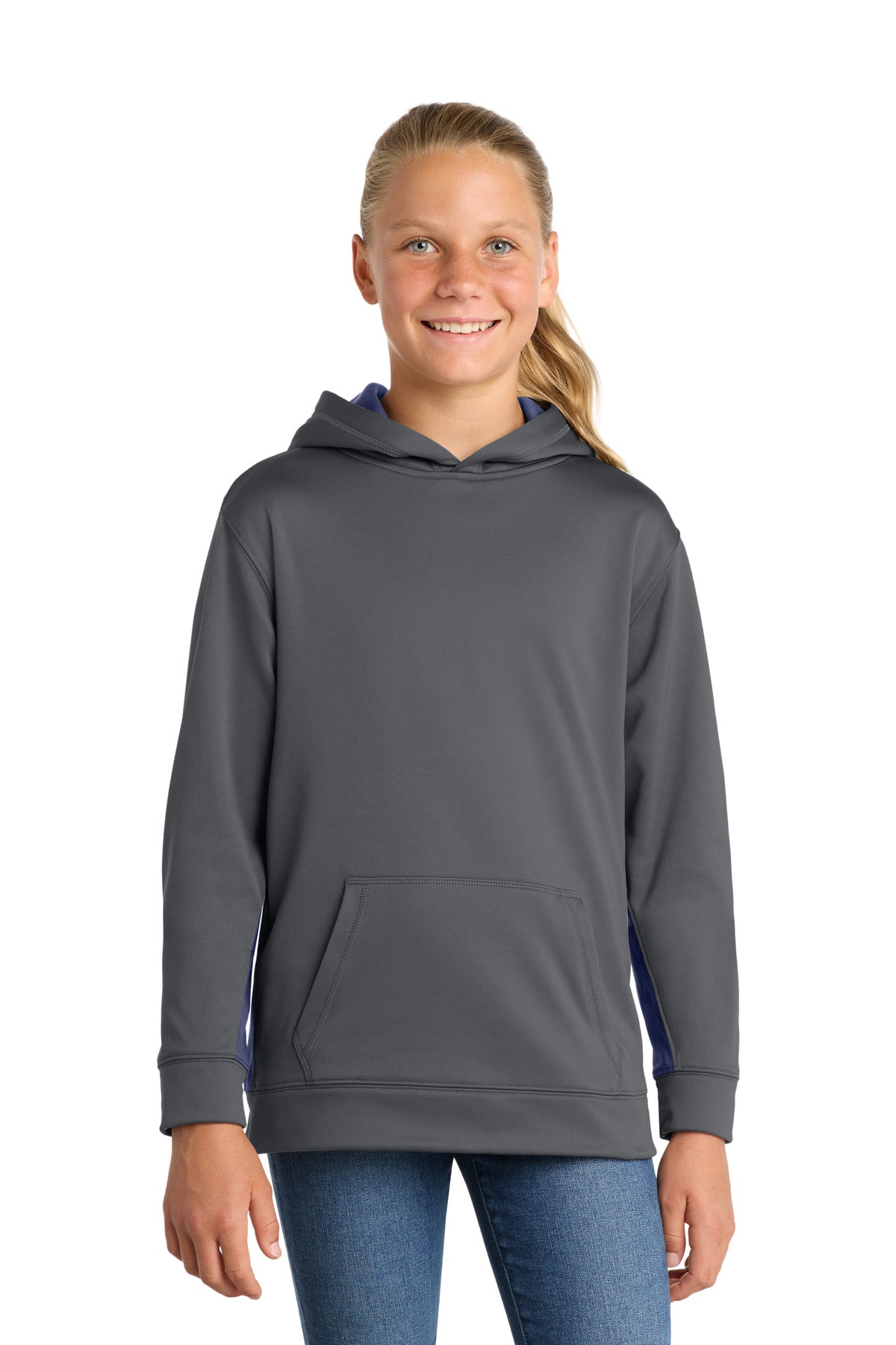 Custom logo Sport-Tek® Youth Sport-Wick® Fleece Colorblock Hooded Pullover. YST235 in Dark Smoke Grey/ Navy