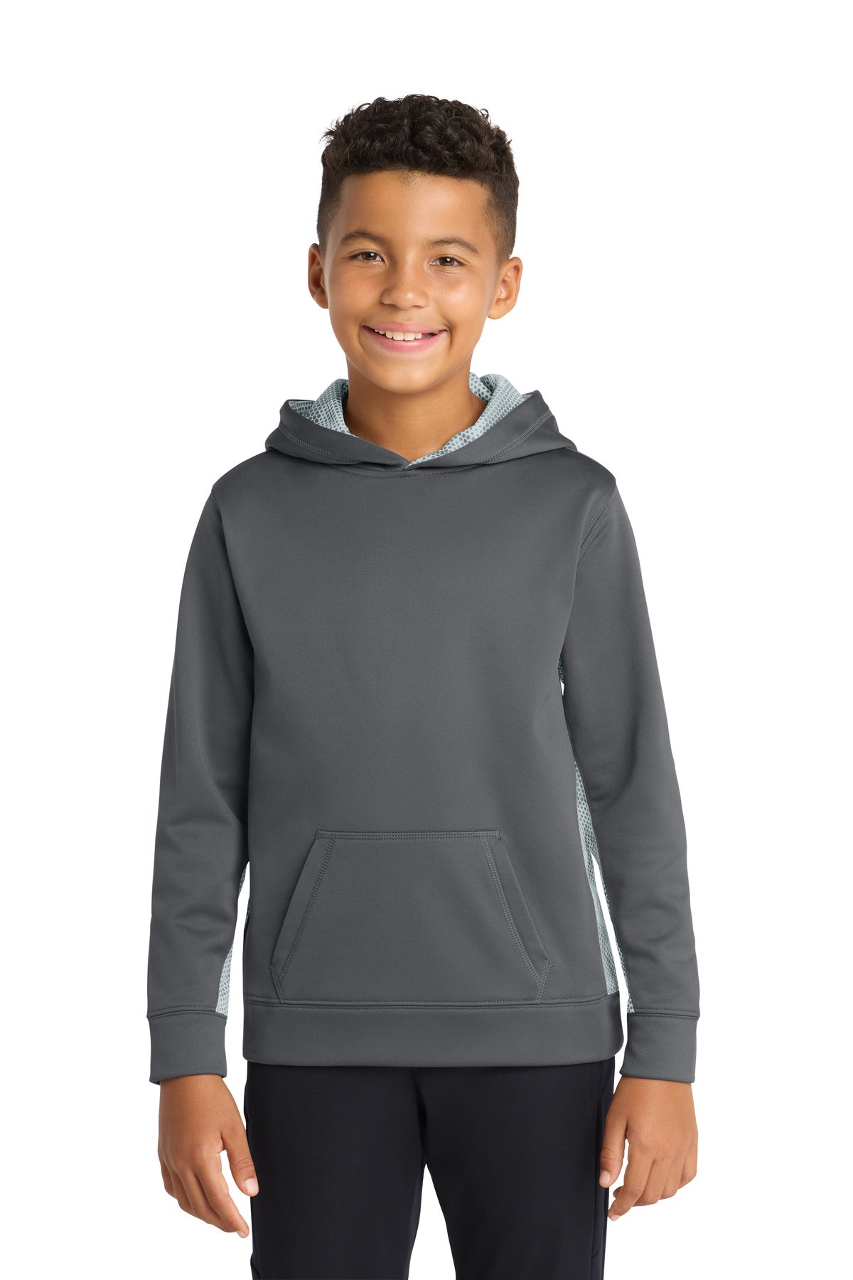 Custom logo Sport-Tek® Youth Sport-Wick® CamoHex Fleece Colorblock Hooded Pullover. YST239 in Dark Smoke Grey/ White