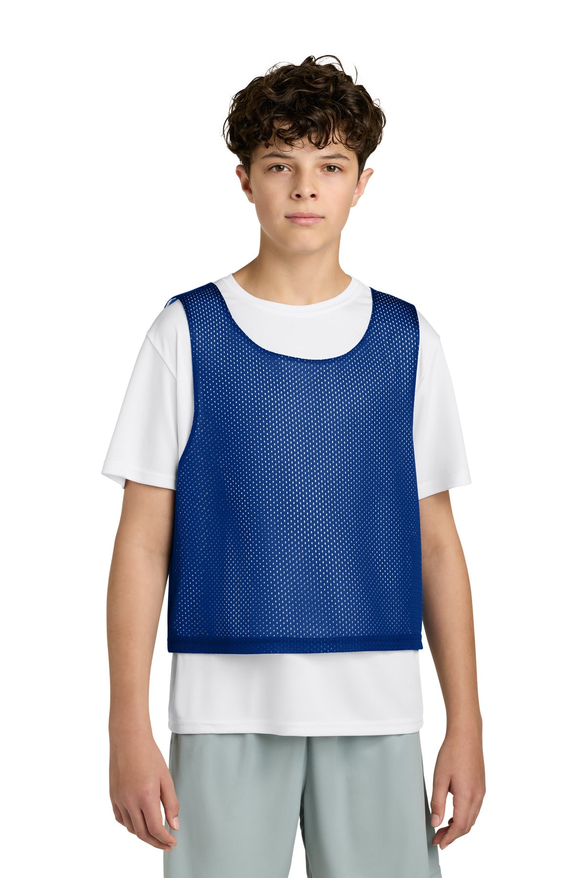 Custom logo Sport-Tek® Youth Lacrosse Reversible Pinnie YST512 in True Royal/ White