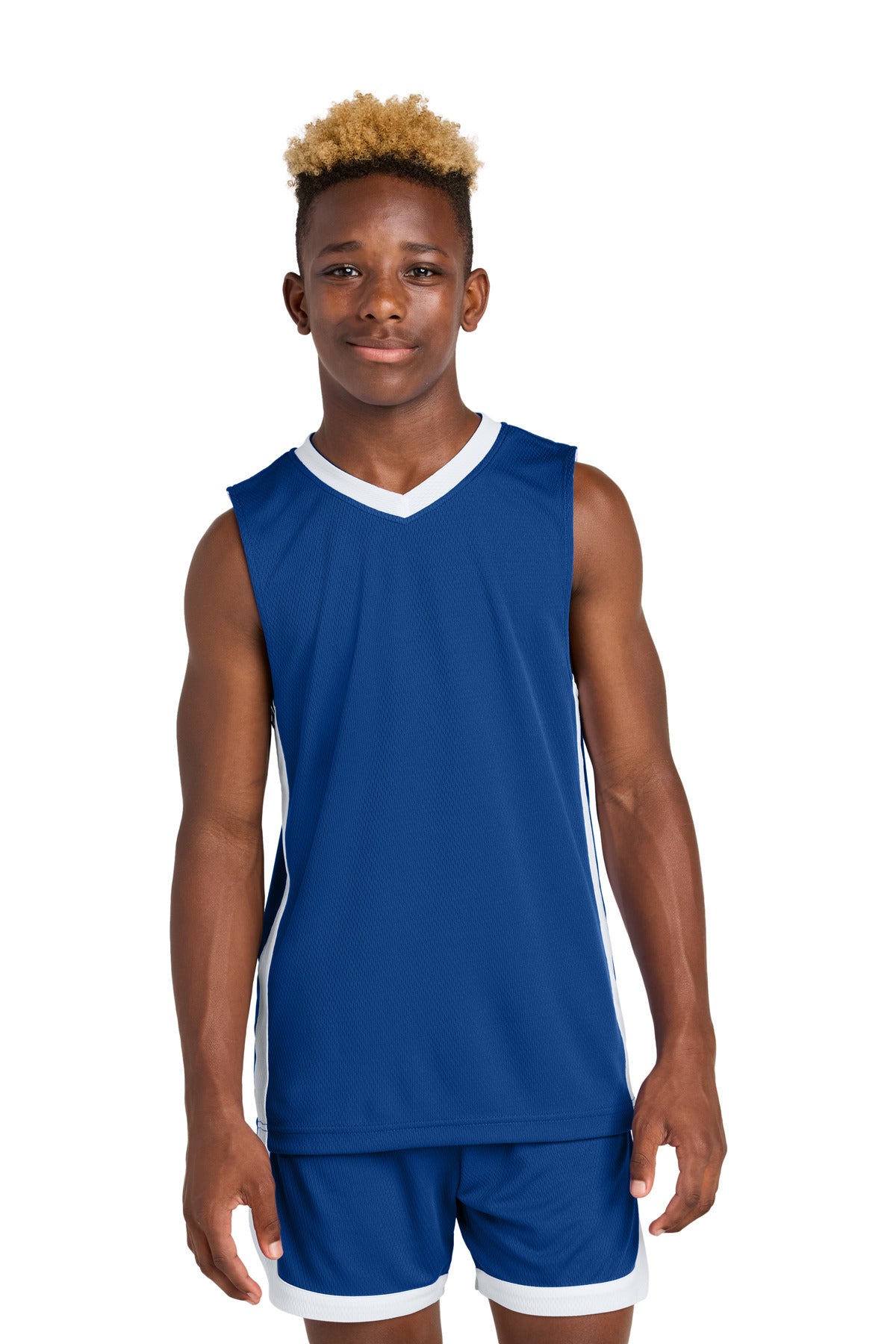 Custom logo Sport-Tek® Youth Rival Basketball Rev Jersey YST900 in True Royal/ White