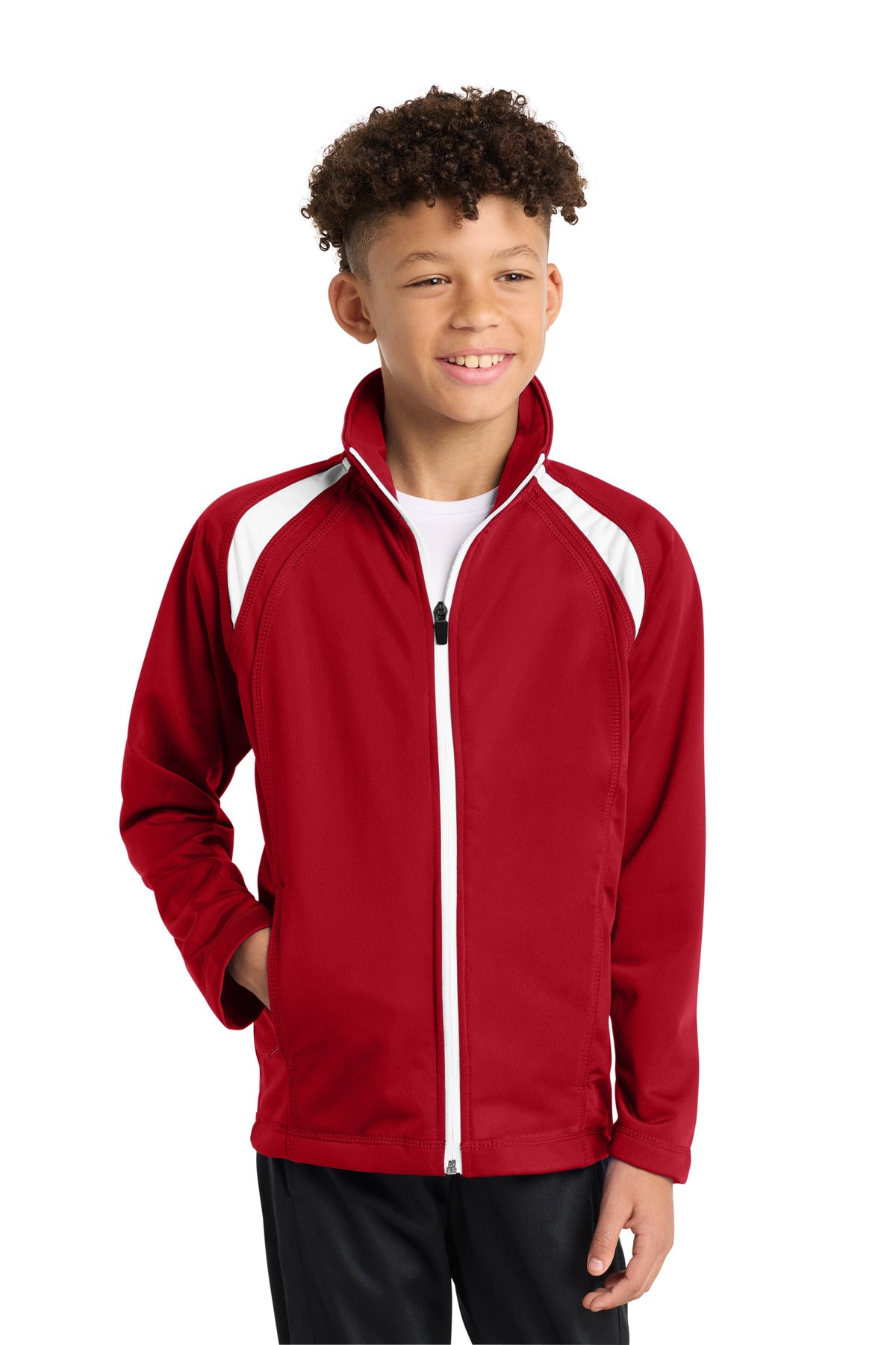 Custom logo Sport-Tek® Youth Tricot Track Jacket. YST90 in True Red/ White