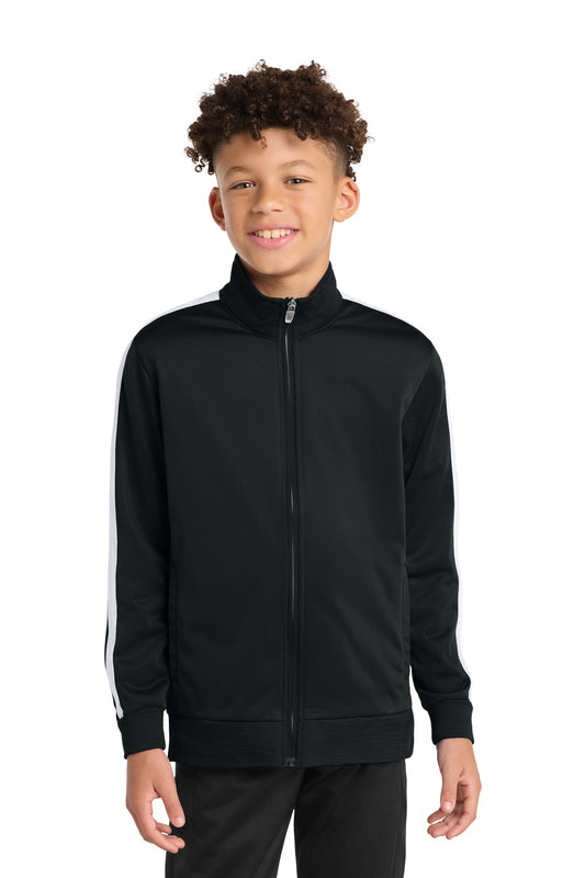 Custom logo Sport-Tek ® Youth Tricot Sleeve Stripe Track Jacket. YST94 in Black/ White