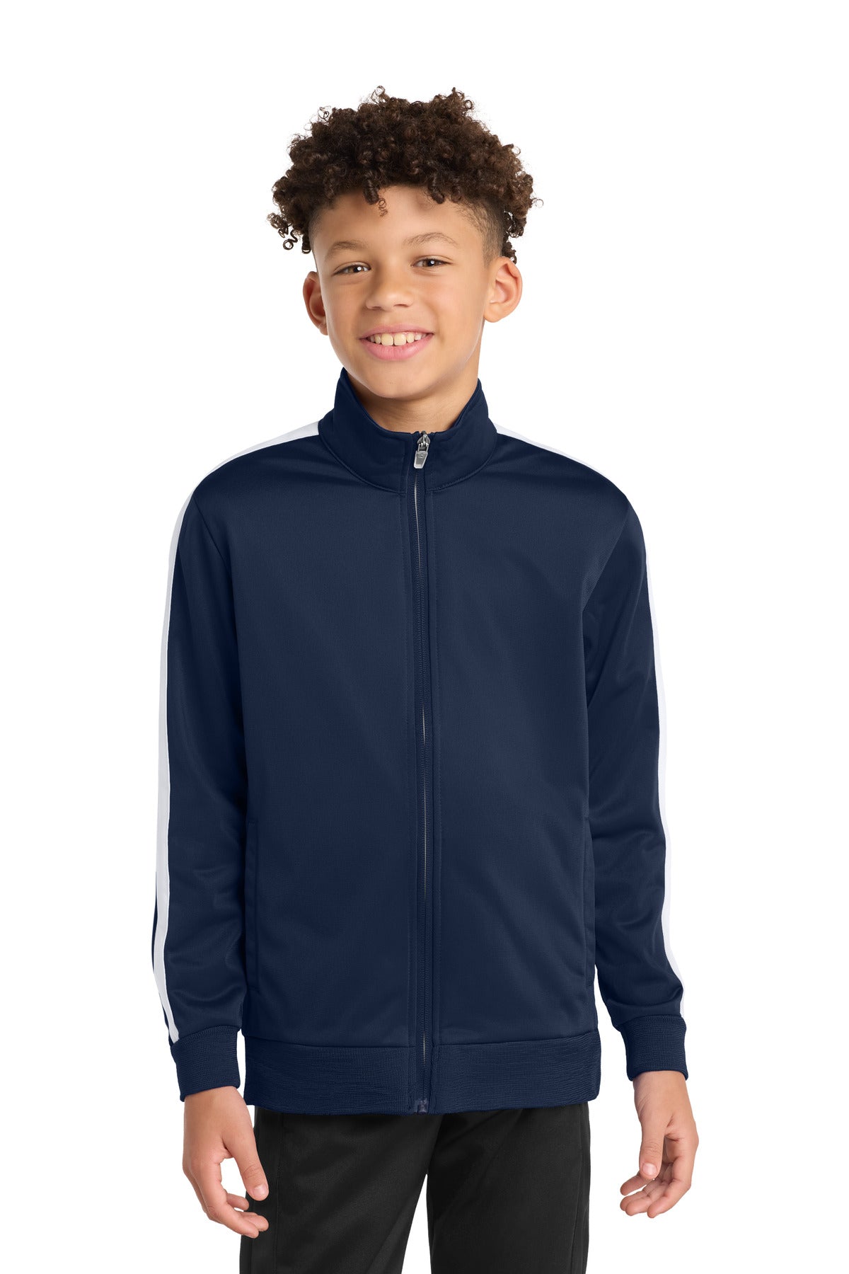 Custom logo Sport-Tek ® Youth Tricot Sleeve Stripe Track Jacket. YST94 in True Navy/ White