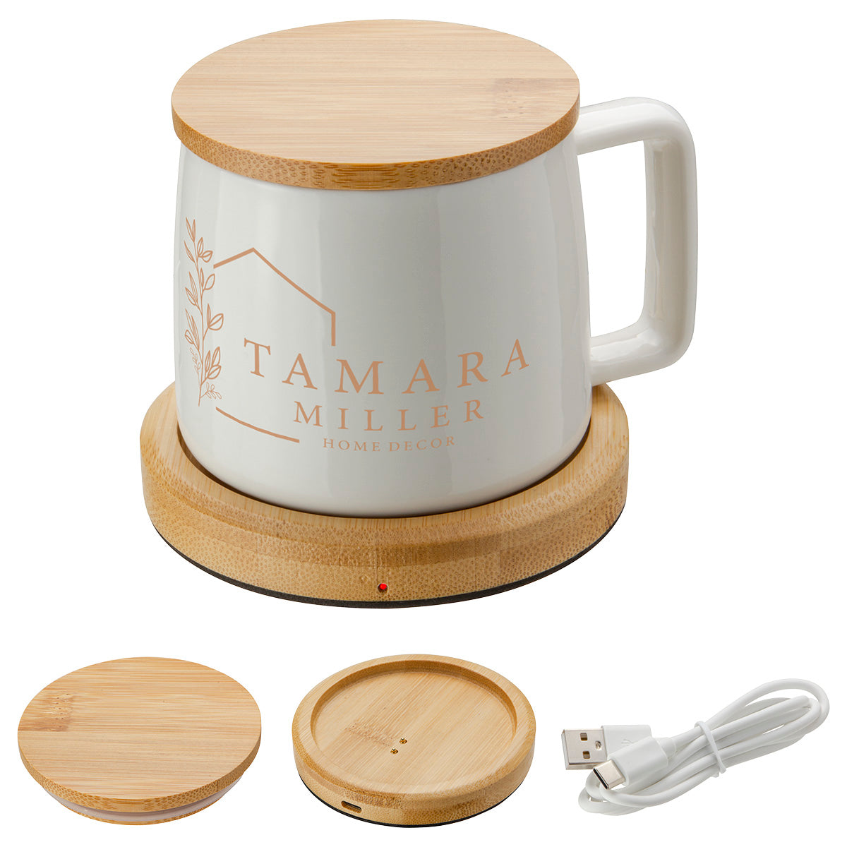 Custom logo Bamboo Mug Warmer with 8 oz Ceramic Mug
