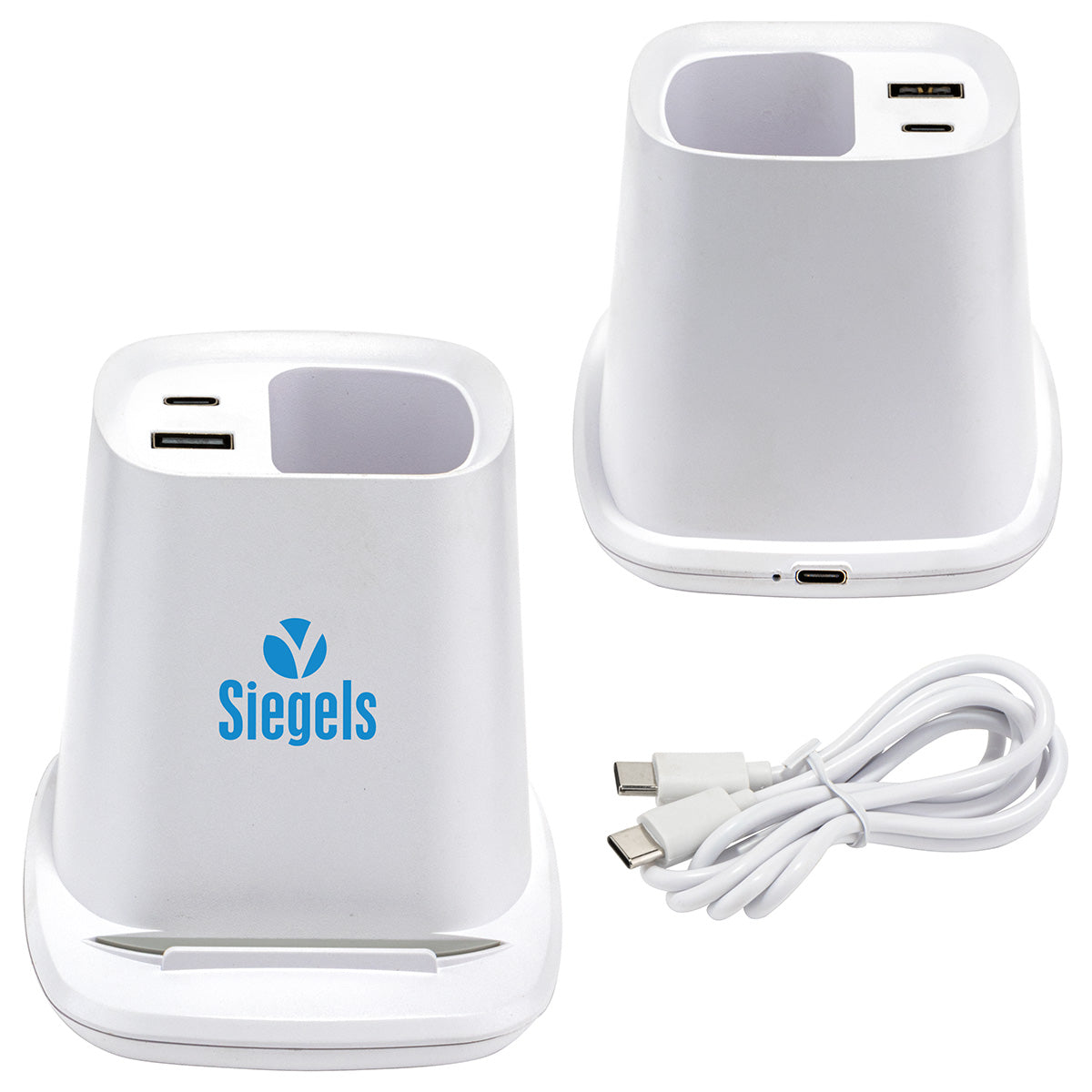 Custom logo Annex Wireless Charging Stand with Dual Ports & Pen Holder