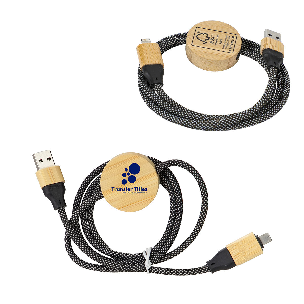 Custom logo Bolt 4-in-1 39" Bamboo and RPET 100W Charging & Data Cable