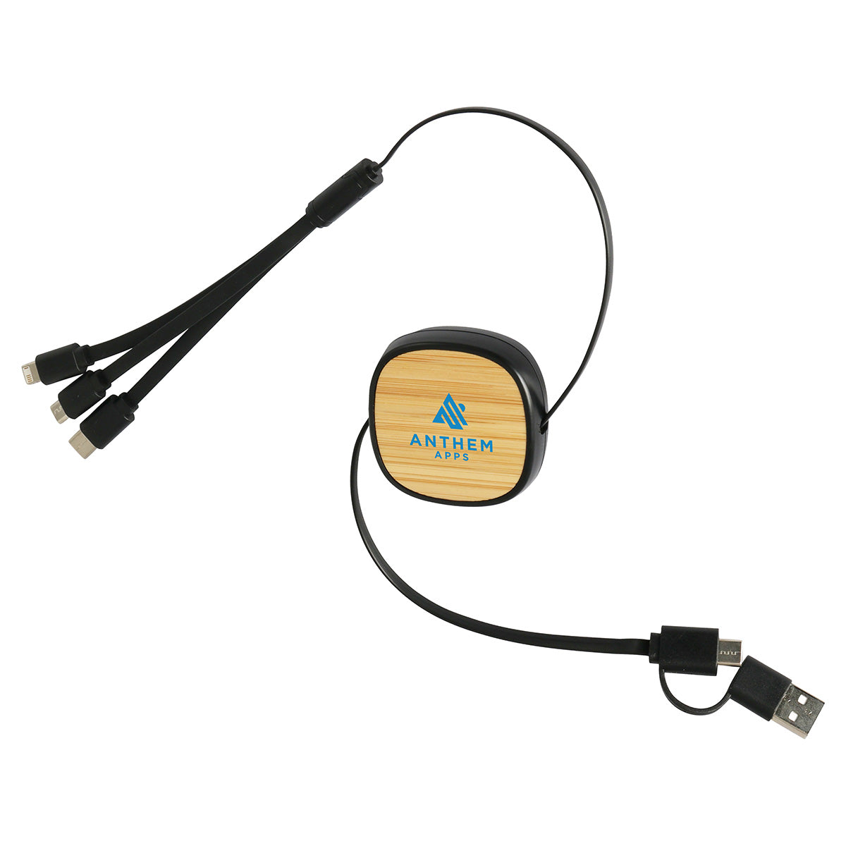 Custom logo Bamboo Retractable 3-in-1 Charging Cable with Dual Inputs