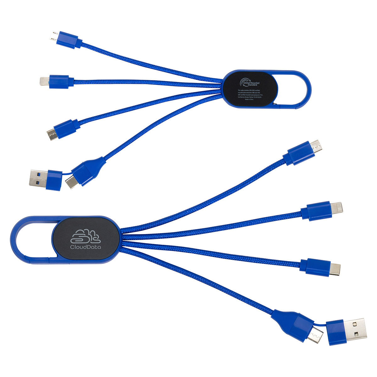 Custom logo Hex 6-in-1 Light-Up Charging Cable with Carabiner Clip and Recycled Casing
