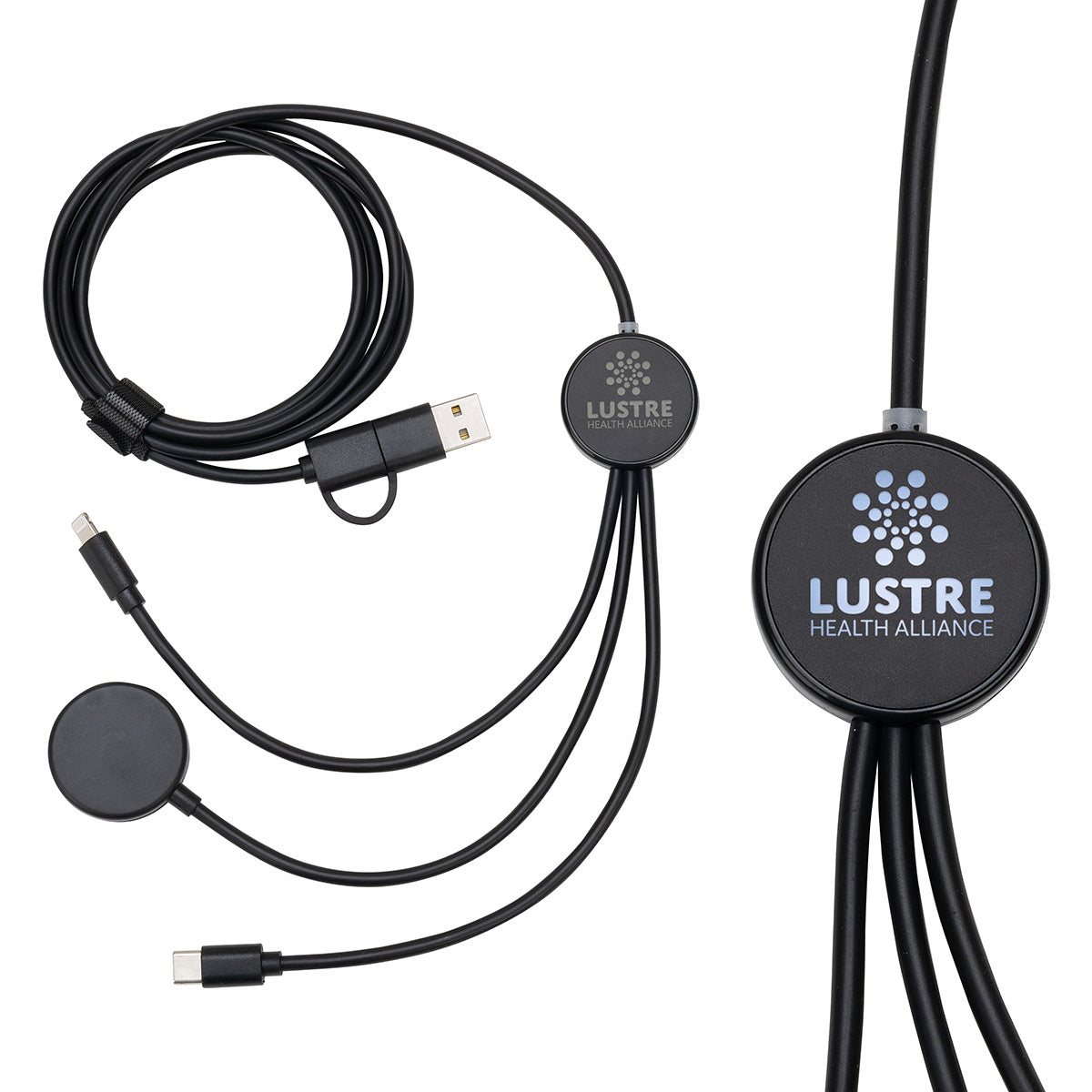 Custom logo Infinity 5-in-1 59" Charging Cable with Watch Charger & Light-Up Logo