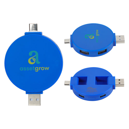 Custom logo Quad 4-Port USB-C & USB-A Hub with Recycled ABS Case