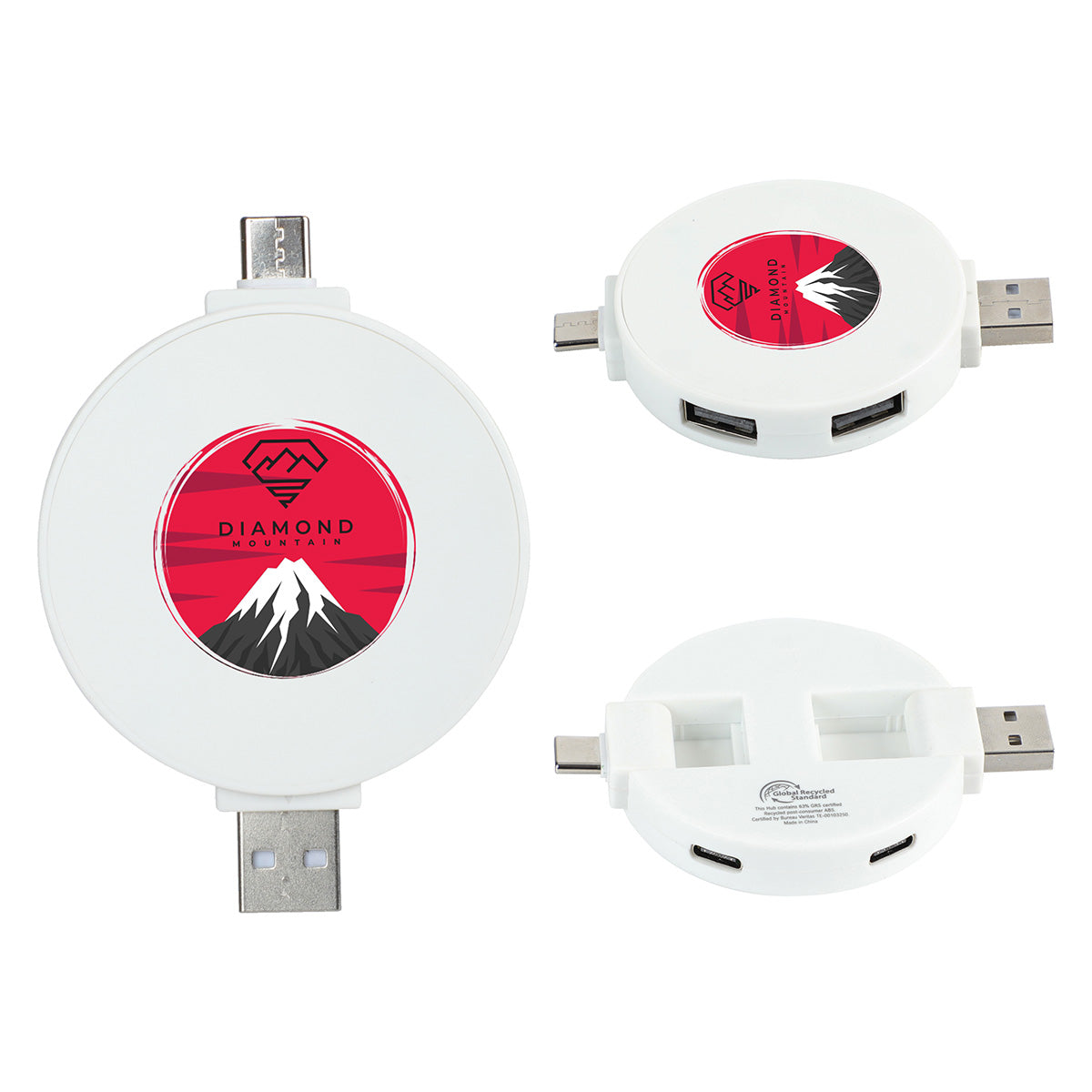 Custom logo Quad 4-Port USB-C & USB-A Hub with Recycled ABS Case