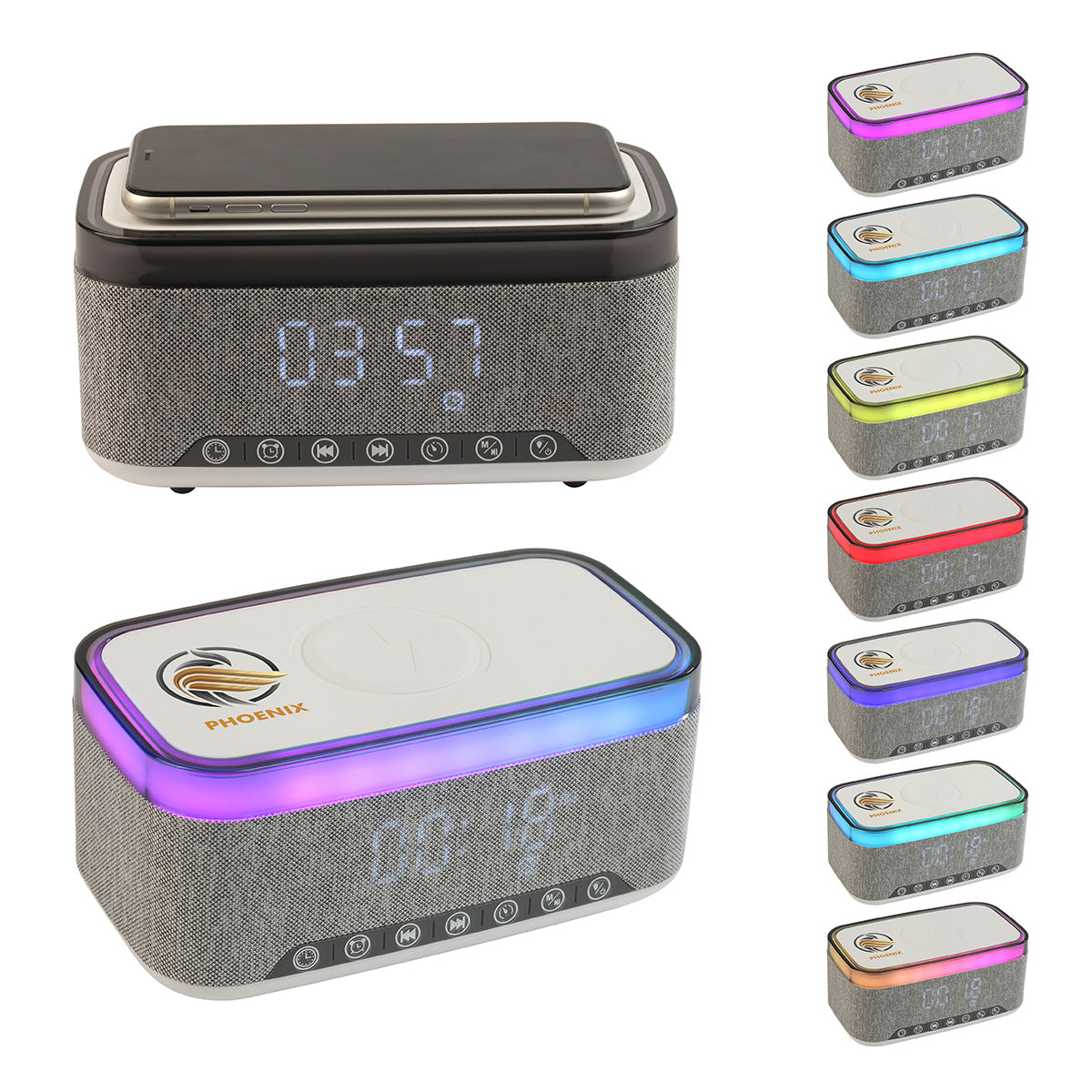 Custom logo Sunset 20W Stereo Speaker with White Noise, Clock, Radio, and 15W Wireless Charger