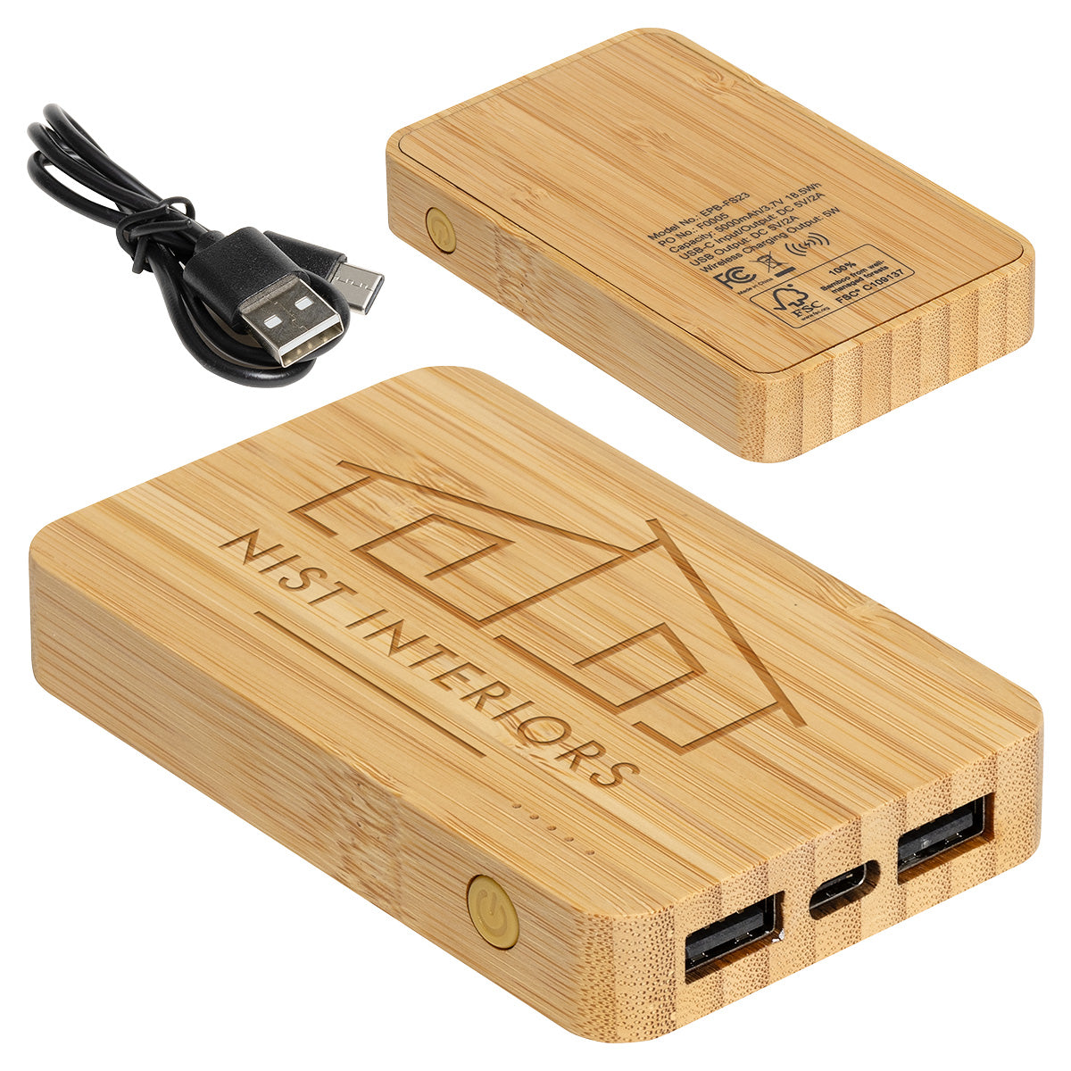 Custom logo FSC® Bamboo 5000mAh Dual Port Power Bank with Wireless Charger