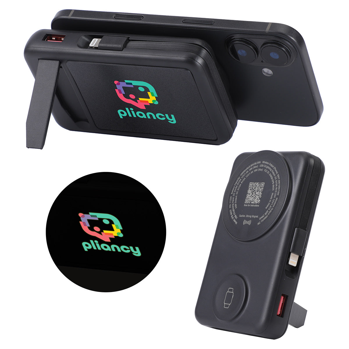 Custom logo Imperial 10000mAh Light-Up Power Bank with Magnetic Wireless Charger, Watch Charger, Stand & Cable