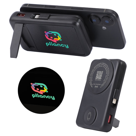 Custom logo Imperial 10000mAh Light-Up Power Bank with Magnetic Wireless Charger, Watch Charger, Stand & Cable