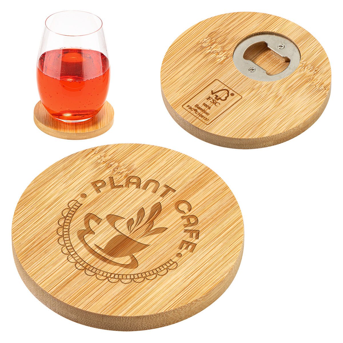 Custom logo Bamboo Coaster with Bottle Opener