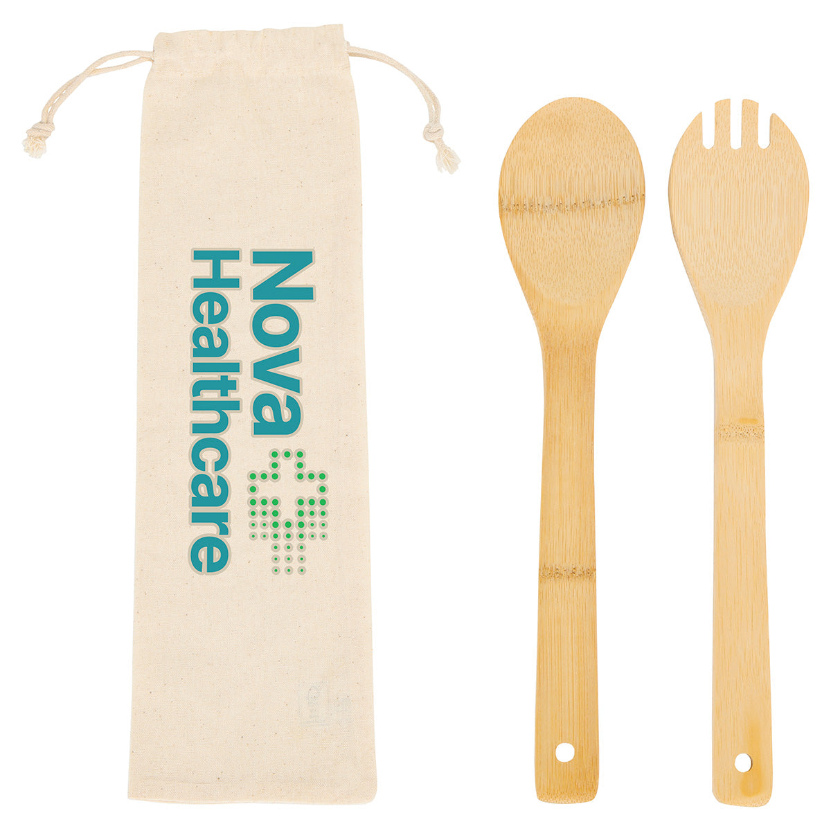 Custom logo Bamboo Salad Utensils with Cotton Pouch